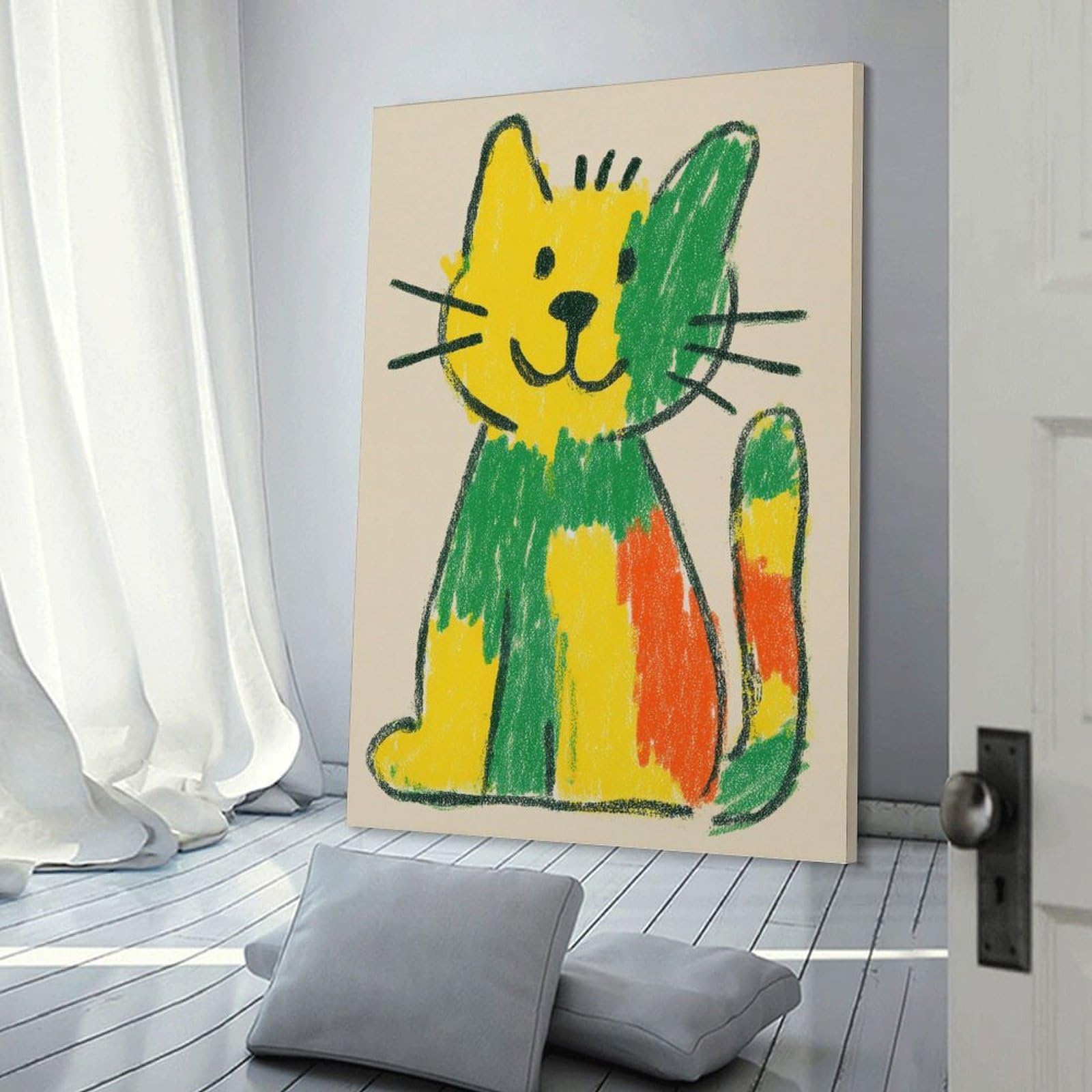 Junmoney Frame-Style-6 Colorful Cat Crayon Drawing Canvas Wall Decor, 20X30inch(50X75cm), For Lounge Decor, Bedroom Walls Or Flats, Eye Catching Artwork For Blank Walls