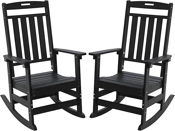 UNASKADI Outdoor Rocking Chair Oversized Set of 2, HDPE All Weather Resistant Patio Rocker, 31.5" High Back 21.5" Deep Seat Oversized Porch Chairs for Lawn Garden Deck Balcony 400lbs Capacity(Black)
