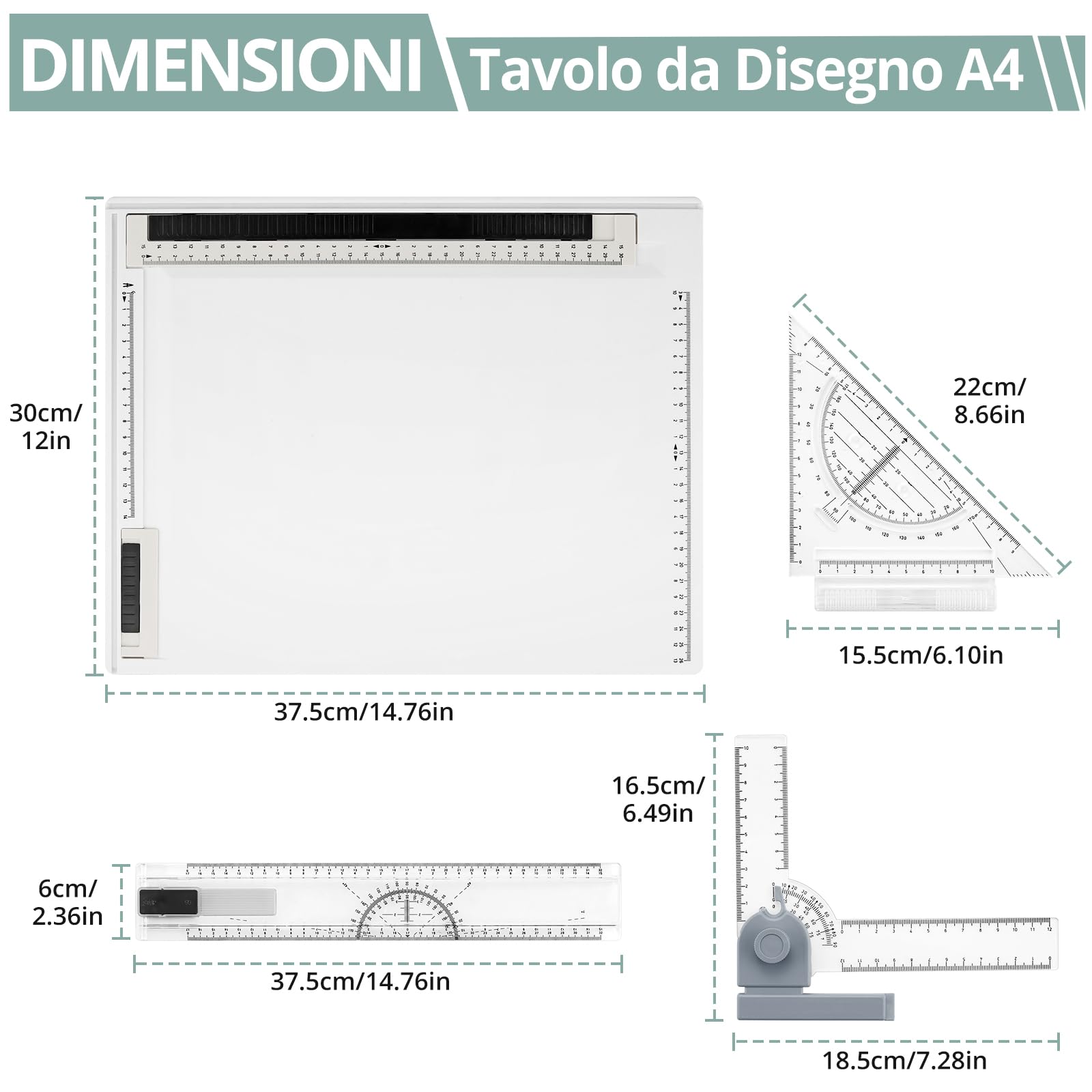 COLFULINE Tavola da Disegno A4 Professionale 37,5x30 cm,Tavolo da Disegno Multifunzionale con Righe a T/L e Goniometro,Base Antiscivolo/Portatile,per Pittura Calligrafia e Scrittura