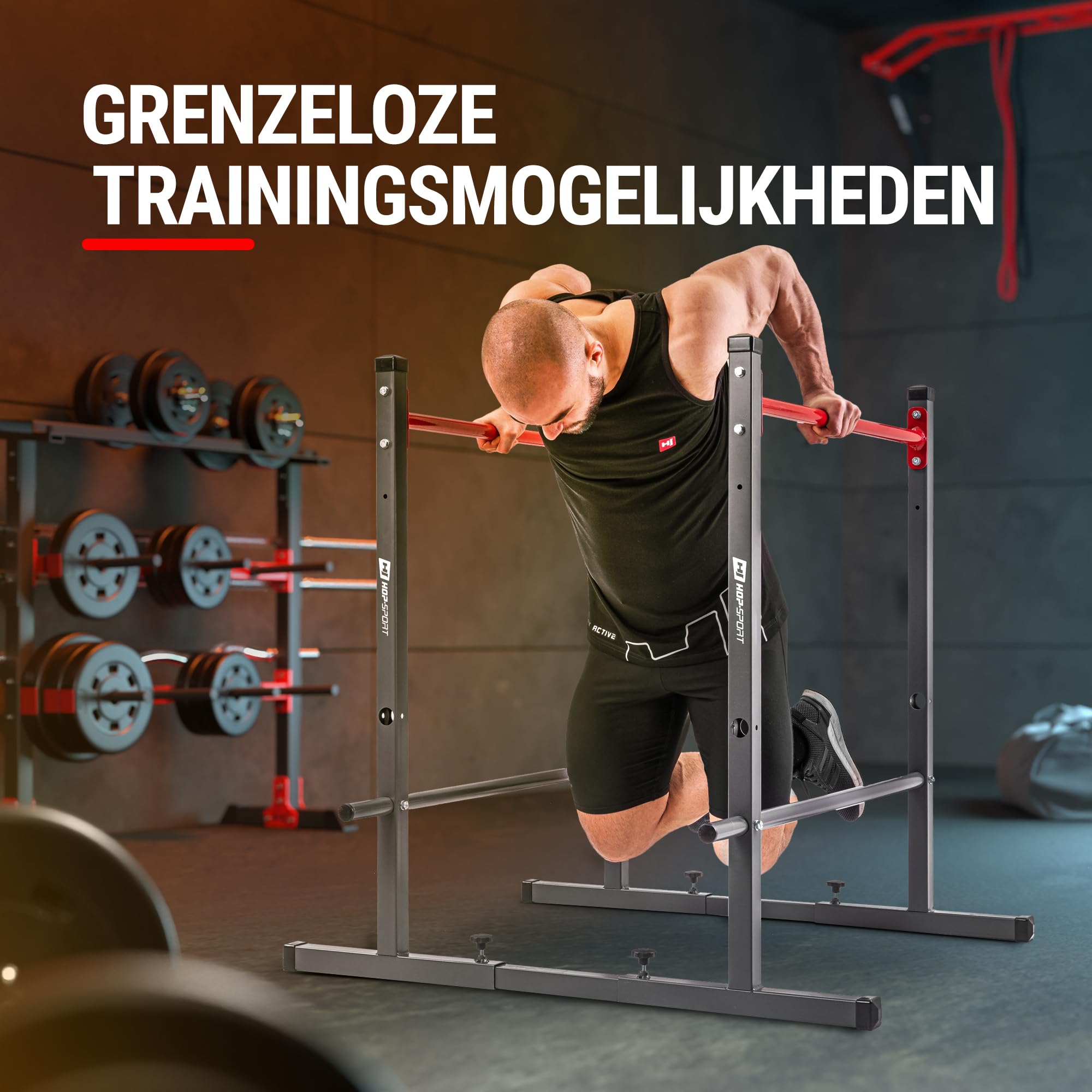 HOP-Sport® Barres parallèles Ajustables HS-1010K avec Gants, Station pour Pompes et dips en Acier, équipée de Pieds antidérapants, pour entraînements Musculation à Domicile