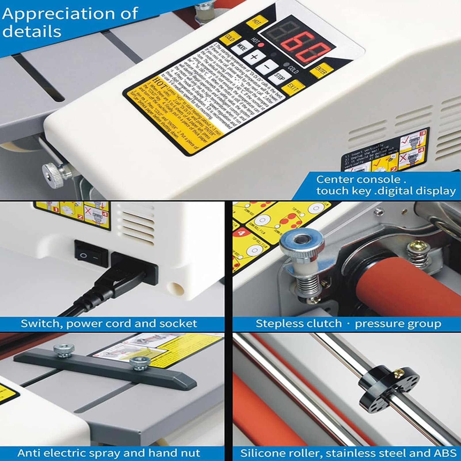 Macchina plastificatrice formato A2, plastificatrice termica a caldo e freddo con display digitale, velocità regolabile a 4 rulli e temperatura 0-180°C per uffici commerciali e scuole