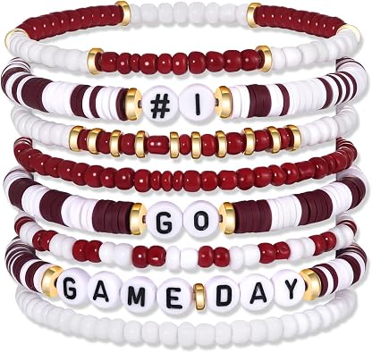 Game Day Bracelets for Women Red Blue Spirit Day Accessories Stackbale Clay Heishi Bracelets Beaded Stretch Bracelet Football Mom Accessories Outfits Jewelry Gifts
