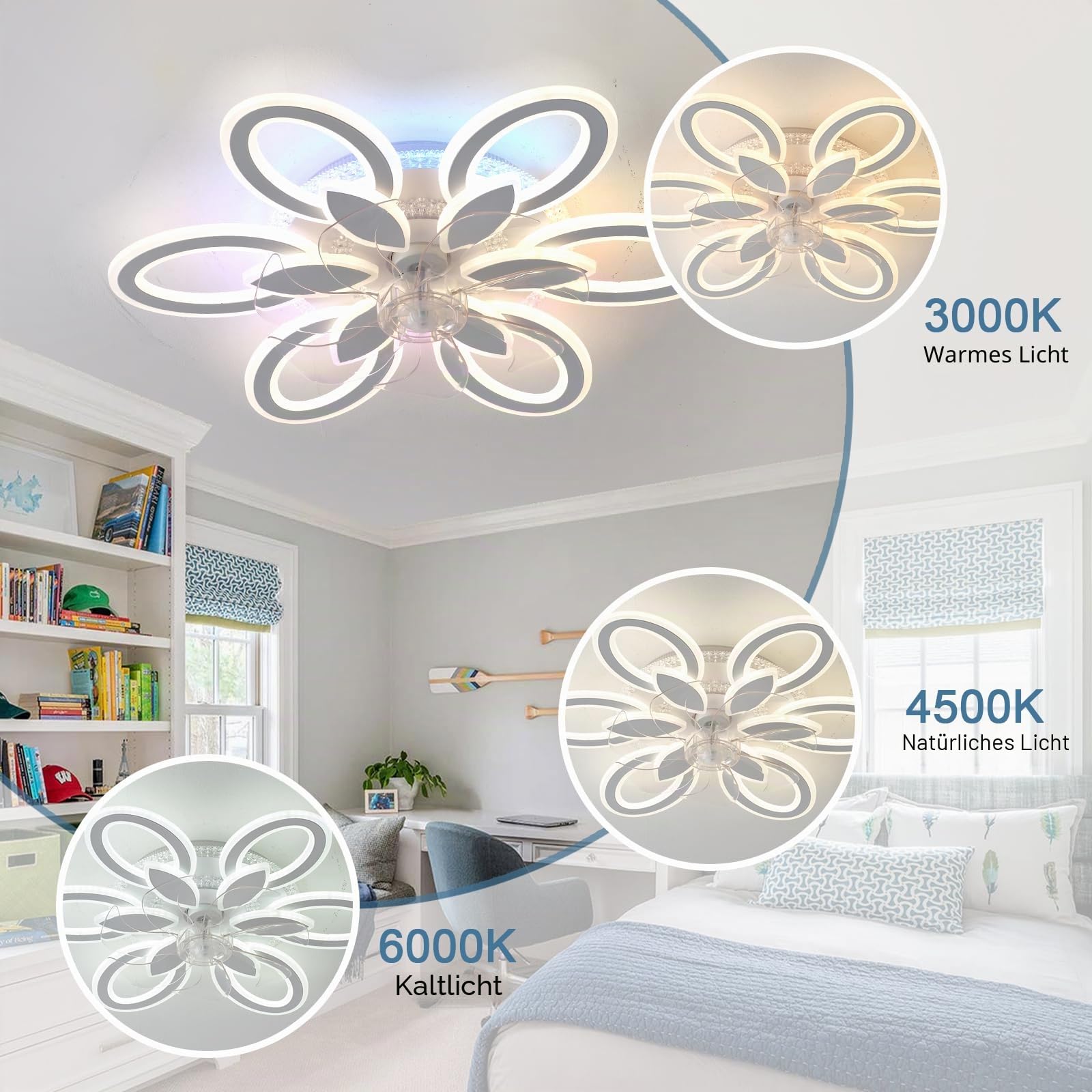 RGB Deckenventilator Mit Beleuchtung 65cm Blume Reversibel Deckenleuchte Mit Ventilator Fernbedienung Leise Dimmbar Smart Deckenventilator Mit Licht 6 Gang Weiß Für Wohnzimmer, Schlafzimmer-White