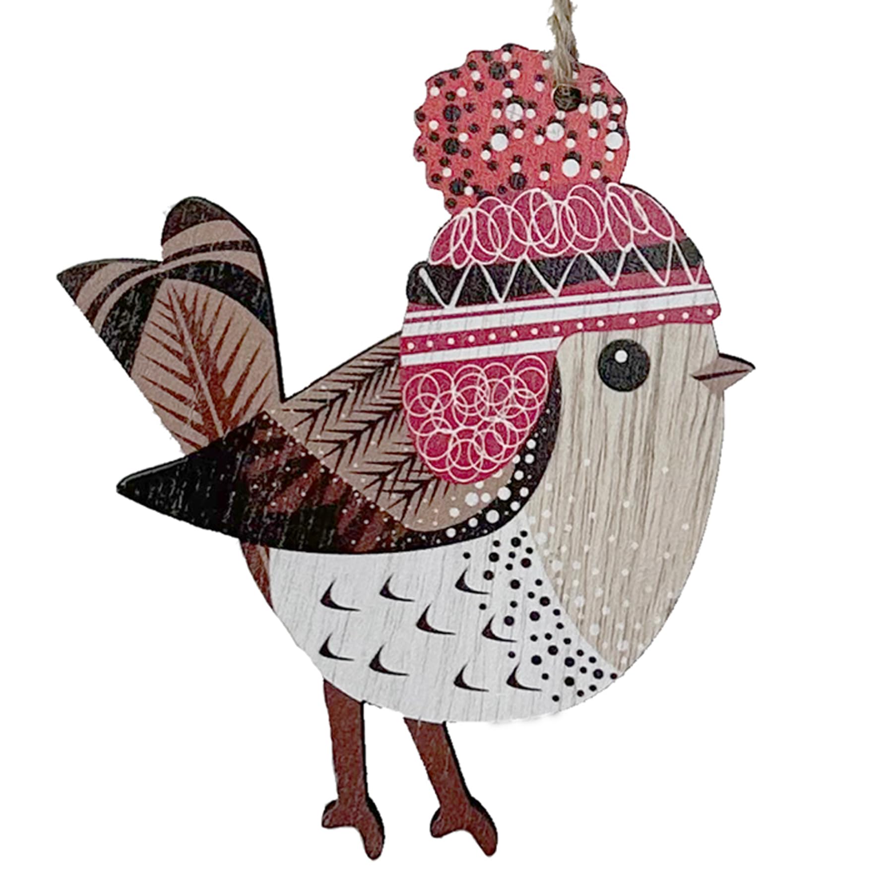 Christmas Robin Decoration Colourful 10cm Wooden Hanging Christmas Tree Ornament (Wolly Hat design)