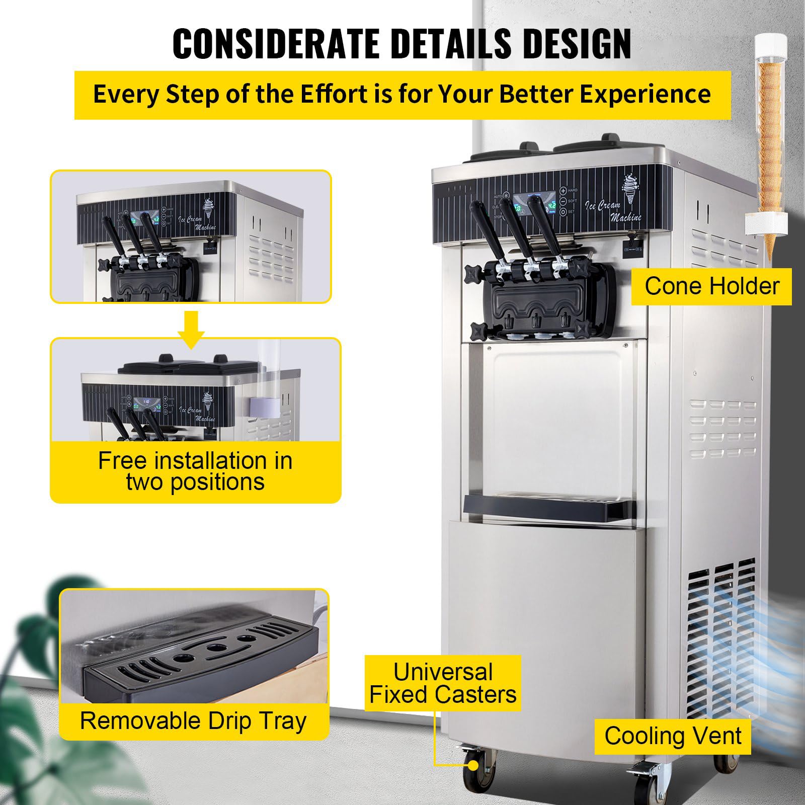 Machine à Crème Glace Molle Commerciale 2200W, 20-28L/5.3-7.4 Gal, Machine à Crème Glacée avec Écran LED, 2 cylindre&3 Saveurs, pour Glacier Camion-Restaurant (8228HP)