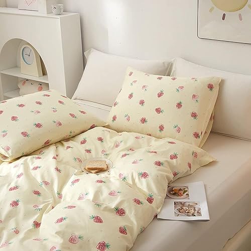 Vista 360 de Linda funda de edredón de fresa, tamaño individual XL, suave, 100% algodón, juego de ropa de cama de fresa rosa, ligero, funda de edredón para niños