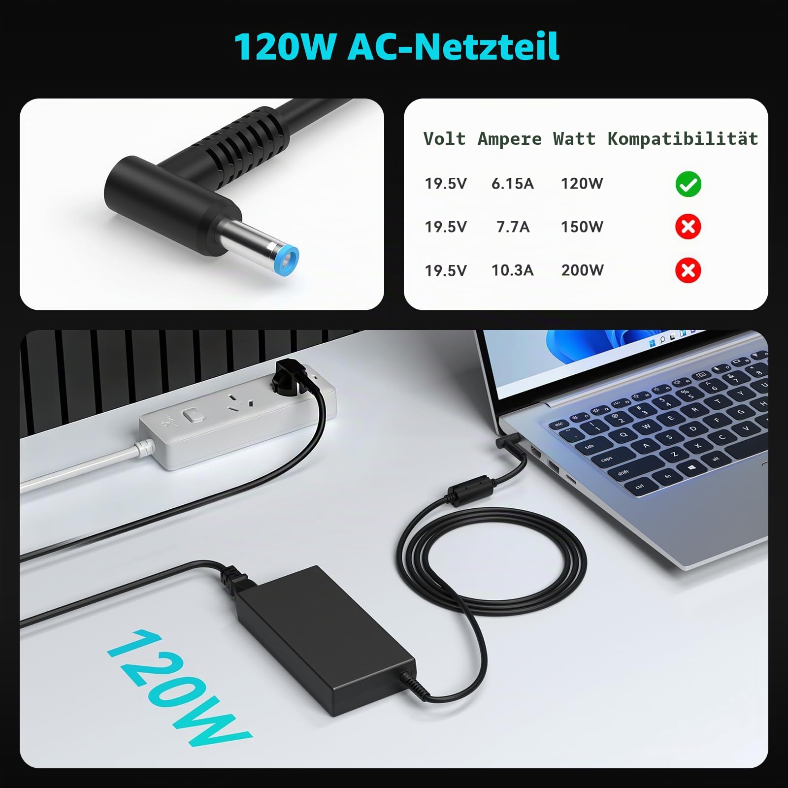 120W Laptop Ladegerät Netzteil Ladekabel für HP USB-C Dock G5 USB-C/A
