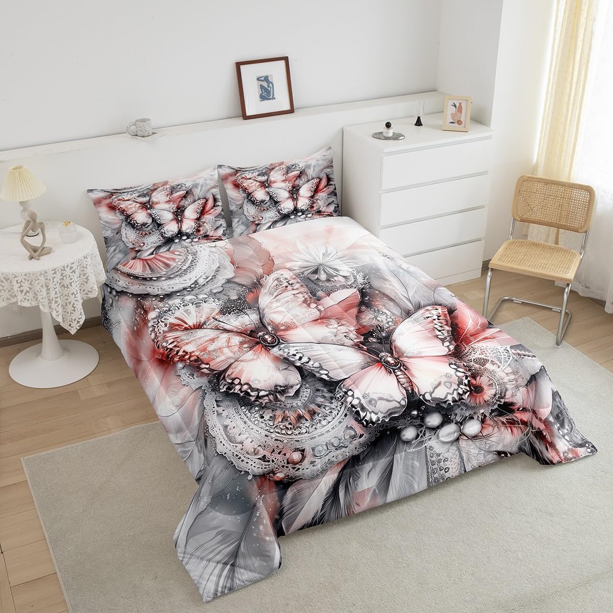 Erosebridal Dream Catcher Down Comforter Boho Butterfly Dreamcatcher King Size Comforter Set for Kids Boys Girls Teen,Wild Animal Butterflies Bedding Set Exotic Tribal Feather Bed Set