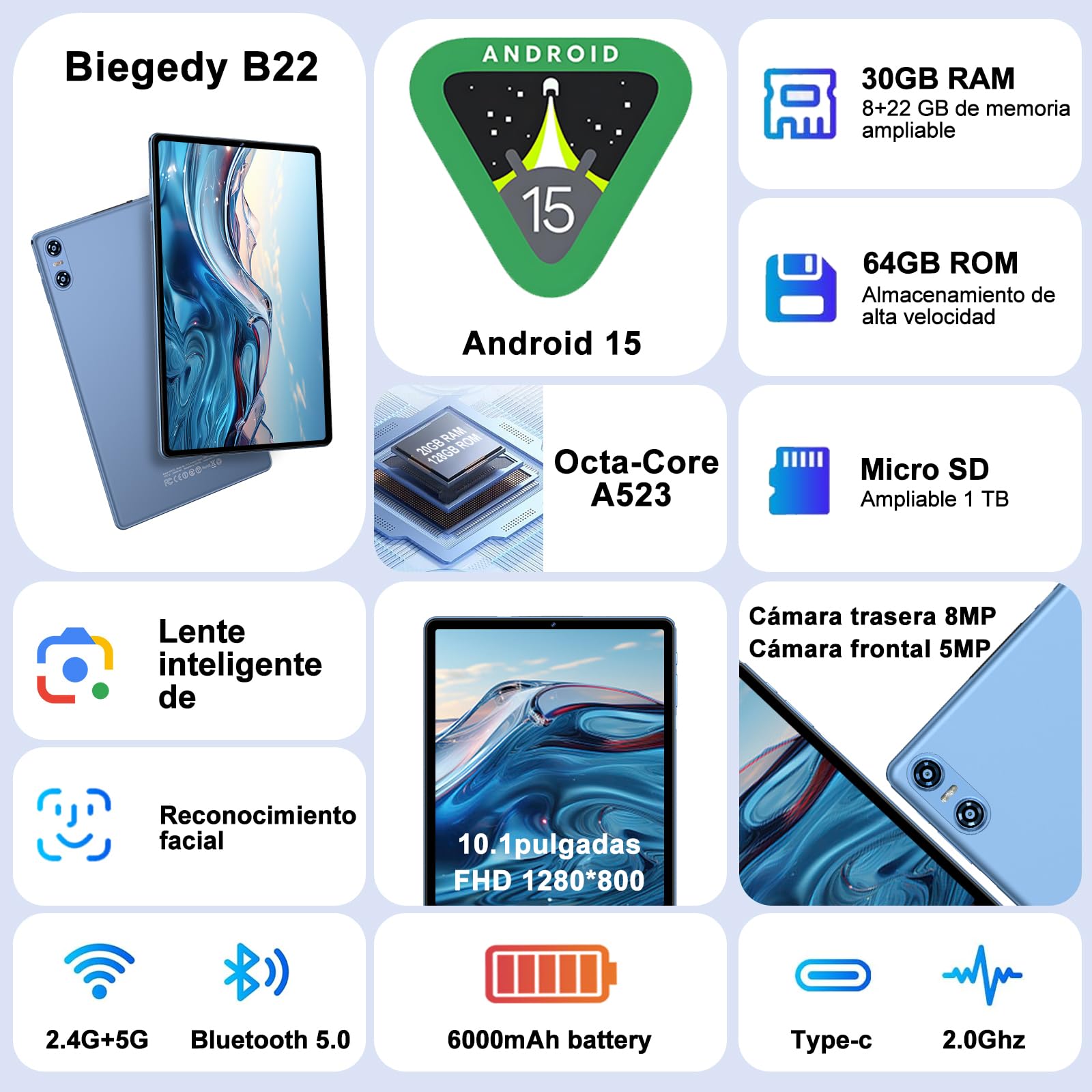 2026 Tablet 10 Pulgadas Android 15, Gemini AI, Octa-Core, 5G WiFi 6, 30GB RAM (2TB TF), Widevine L1, GMS, GPS, BT 5.0, 6000mAh, 5+8MP, 3.5mm Audio, FHD Tablet con Teclado+ Ratón + Funda, Azul
