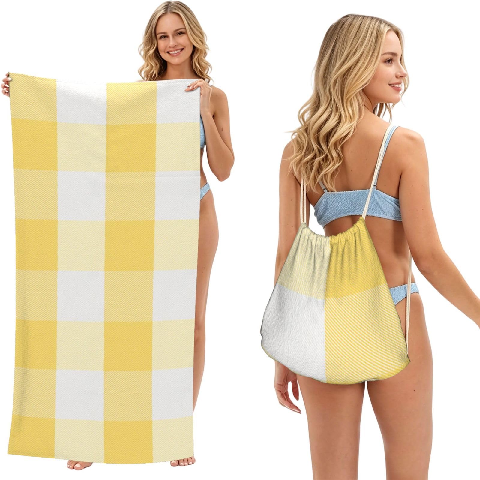 Poadnly As Picture Rustic Yellow And White Buffalo Check Plaid, 2 In 1 Packable Towel Bag, Beach Towels With Drawstring Backpack For Travel Holiday Camping