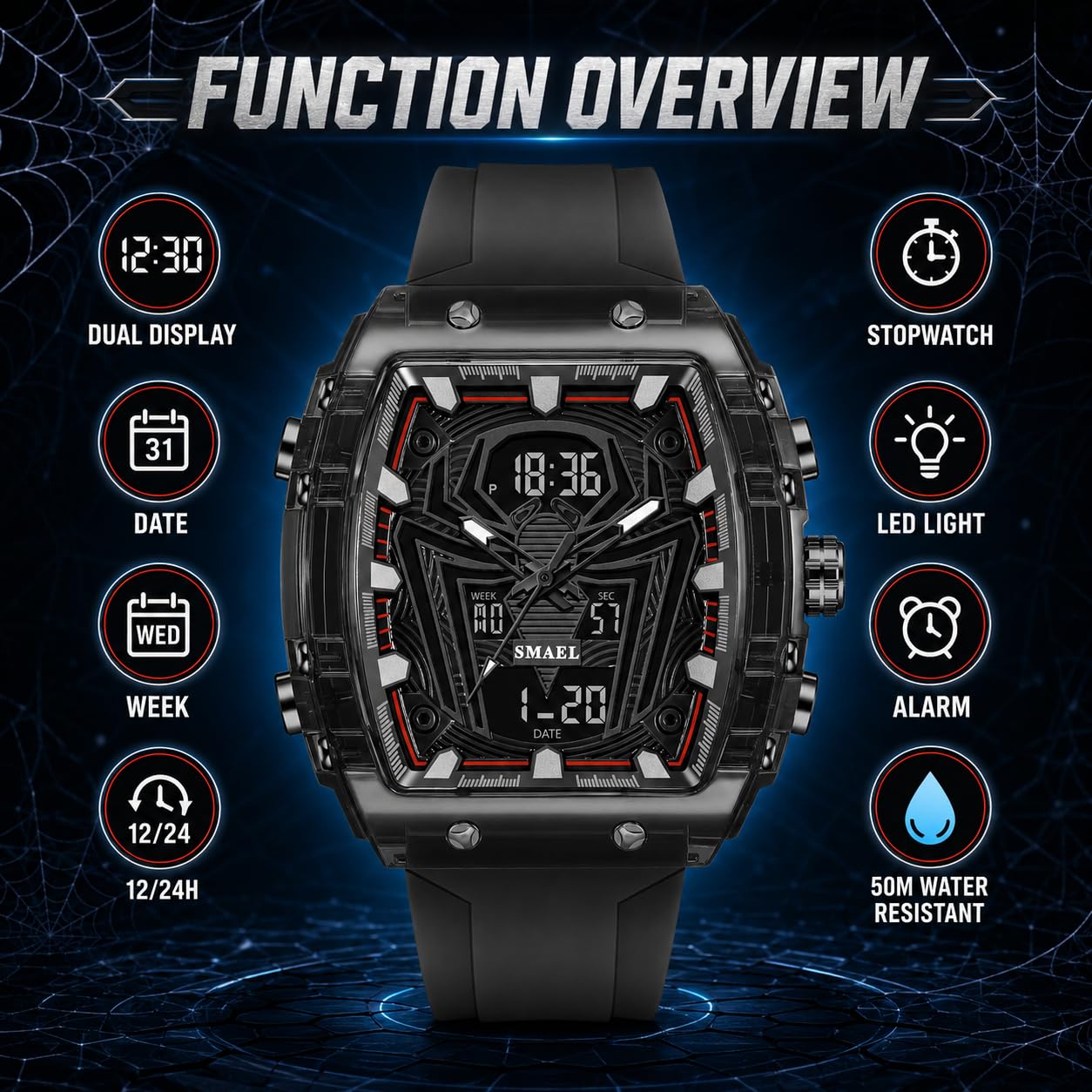MASTOP Reloj de cuarzo de lujo Spider Man, esfera grande, digital, analógico, doble visualización de hora, cronómetro, diseño punk, correa de silicona, reloj de pulsera para hombre