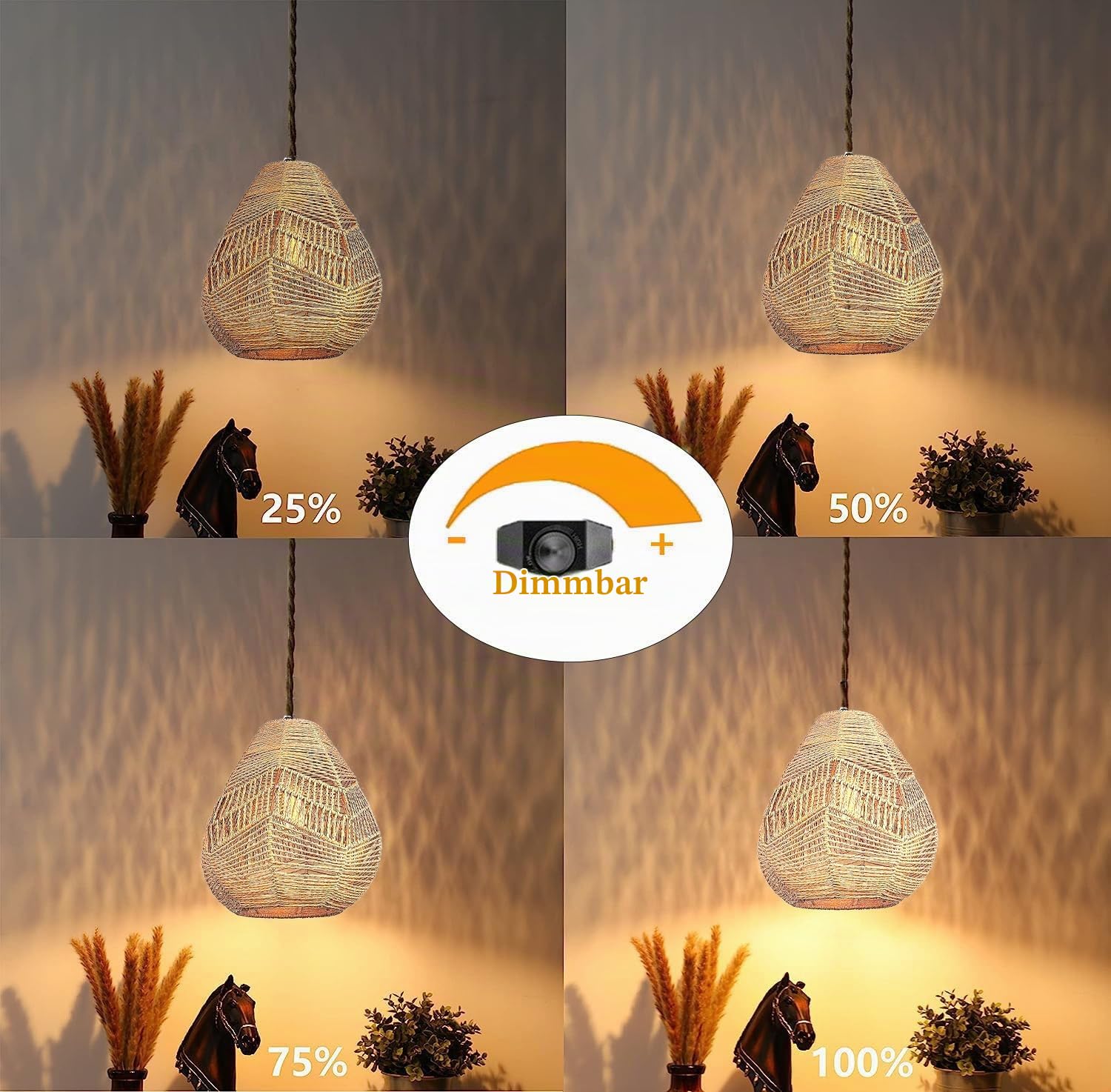Pendelleuchte Kit mit Stecker Vintage Dimmbar Hängelampe Boho Rattan Lampe Plug in Hängeleuchte mit 4,5 Meter Seil Kabel E27 Handgewebte Lampenschirm Deckenleuchte für Küche Schlafzimmer Wohnzimmer