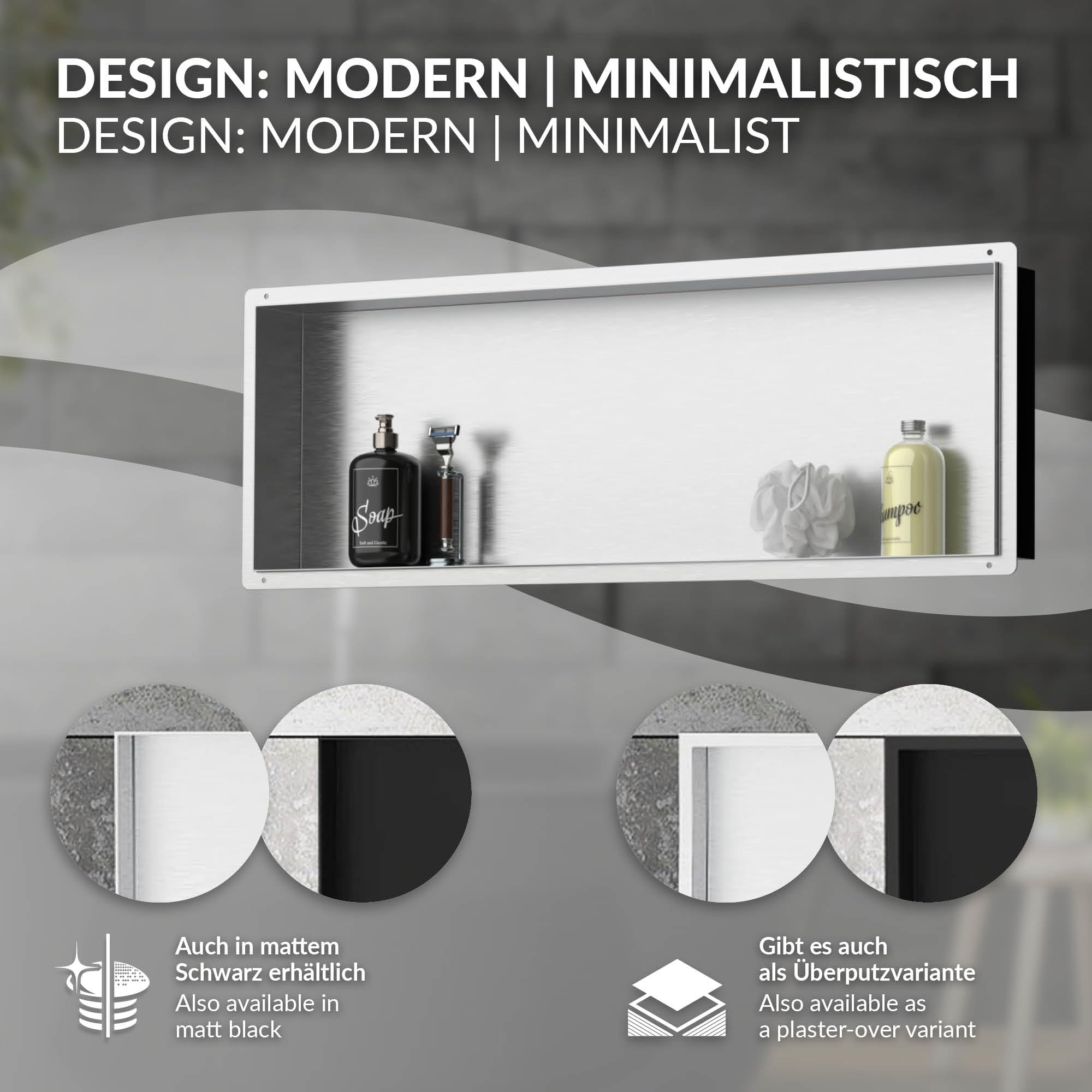 LuxeBath Niche de Douche Encastrée Murale, 90x30x10 cm, en Acier Inoxydable, Argent, sans Rebord, Étagère Encastrable Salle de Bain, Seule Couche, Rangement Articles Toilette, avec Matériel Montage