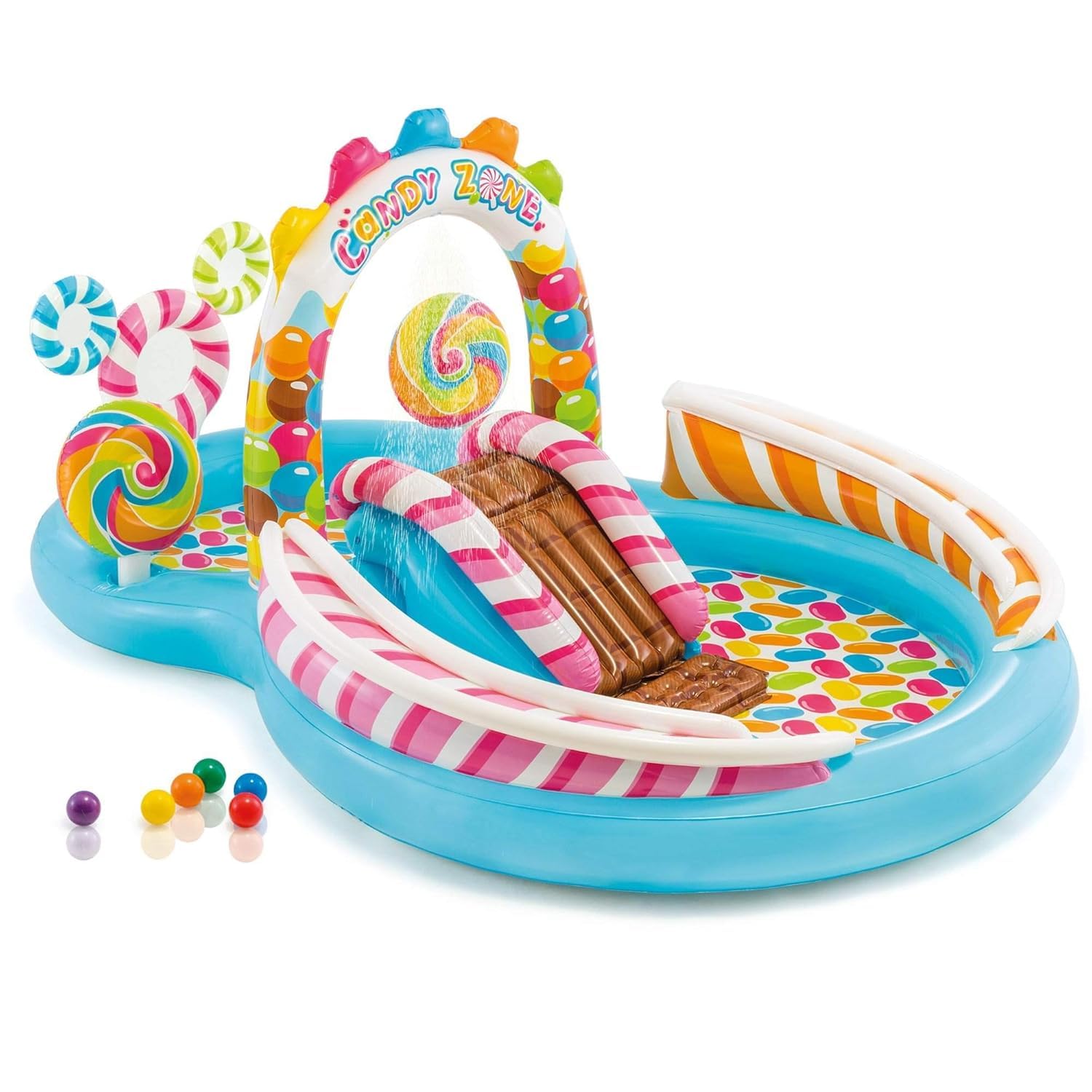 KinderTales® Candy Zone Play Center – Inflatable Kids Pool with Water Slide, Lollipops, Ball Rails, 6 Balls, and Water Sprayer for Summer Fun, 3+ Years-picture-25