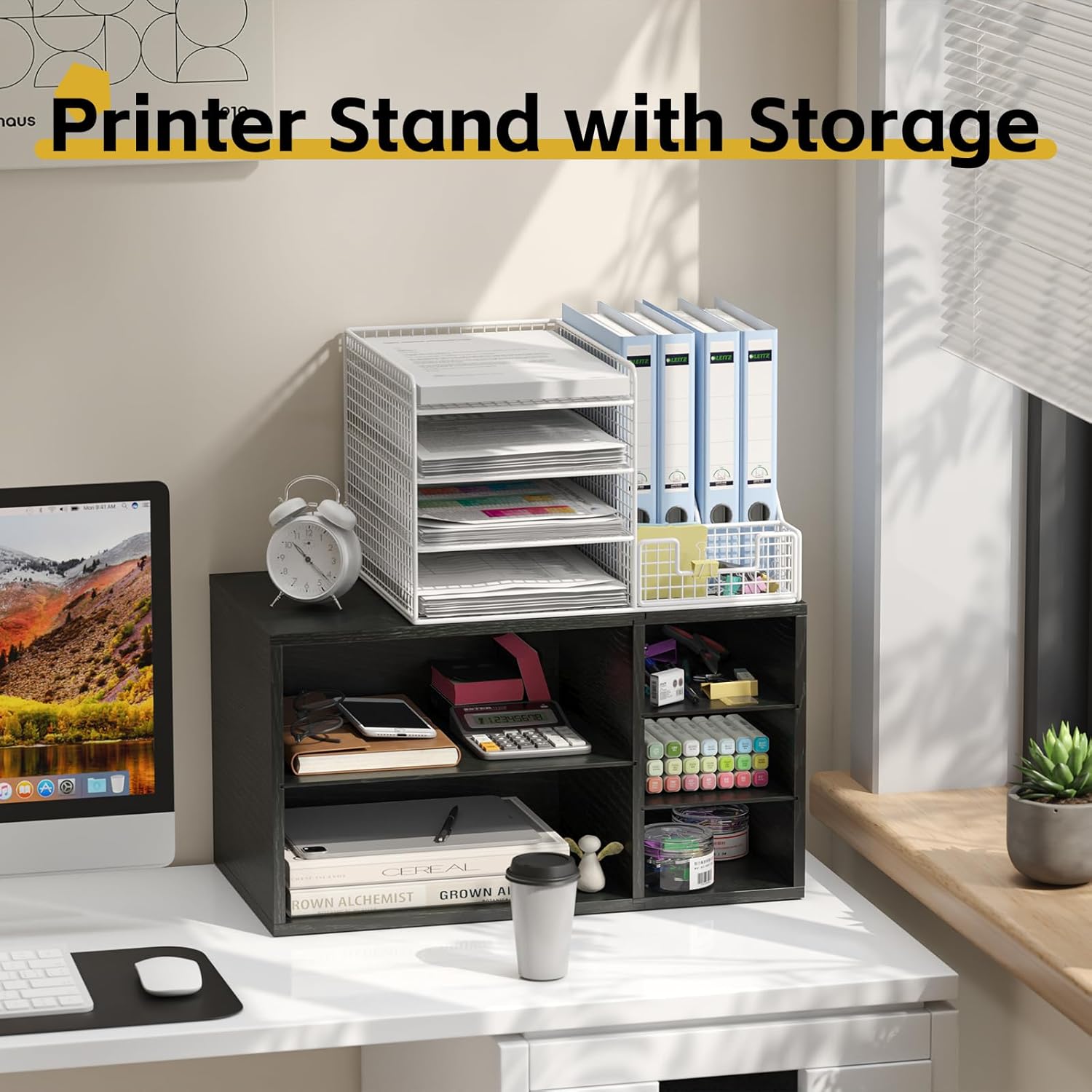MARTY Printer Stand with Storage for Desk Large Desktop Printer Stand Desk Organizer with Paper Storage Holder File Organizer Wooden Printer Shelf Riser for Home/Office, Black