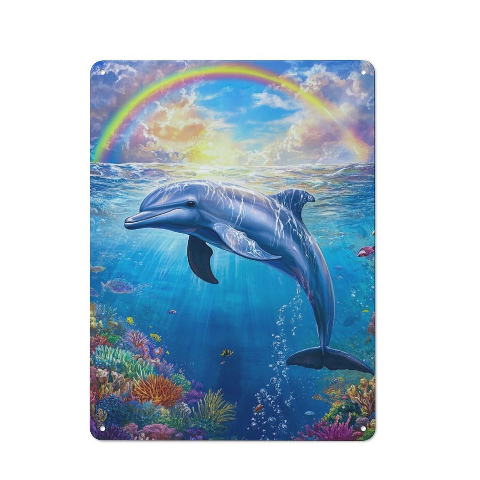 Junmoney Dolphin Under Rainbow 40X30cm Retro Tin Sign With For Kitchen Or Home Bar, A Decorative Gift For A Newly Furnished Kitchen And Home Bar