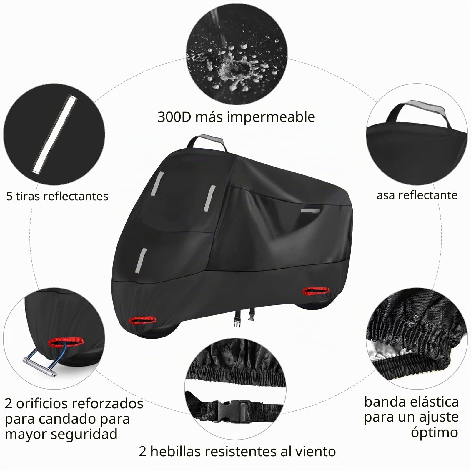 Funda Moto Impermeable para Exterior Interior, 300D Cubierta de Motocicleta Scooter Moped con 5 Tiras Reflectantes y 2 Orificios para Cerradura, 2 Hebillas de fijación (L: 220 x 95 x 110 cm)