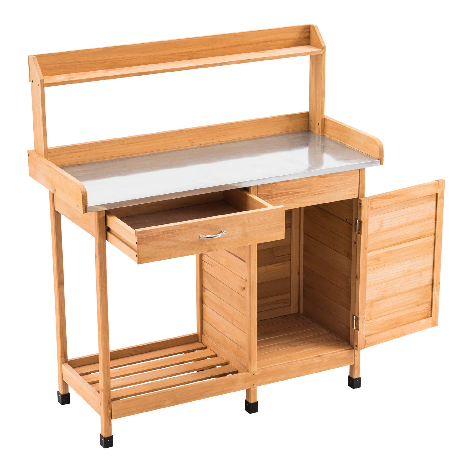 M MCombo Tavolo Giardinaggio Cassetto, Ripiano, Piano Zincato & Armadio, Tavolo Giardiniere Impermeabile 3 Ganci, Tavolo Piante Legno Massello Giardino/Balcone/Terrazza, 0440 (Naturale)