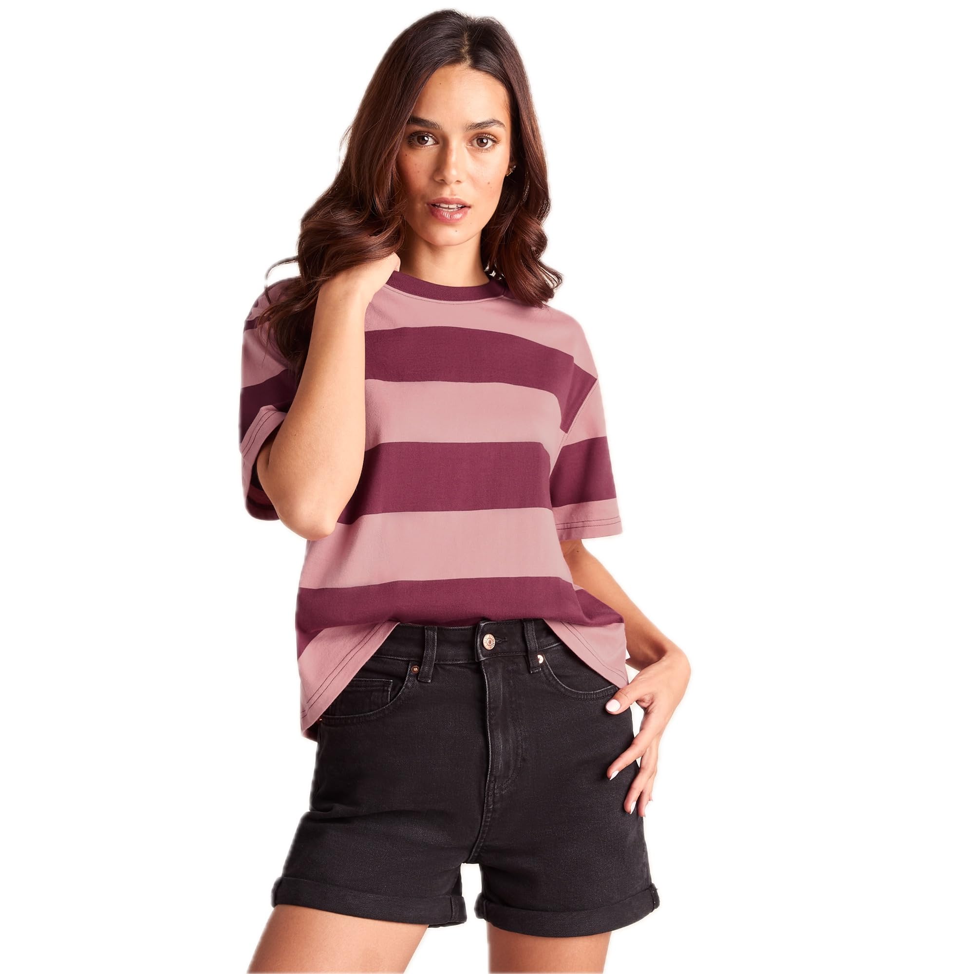 Tog24 Women's Black Raspberry Stripe Lani Cotton Striped T-Shirt, Boxy Fit Dyed Stripes Breathable