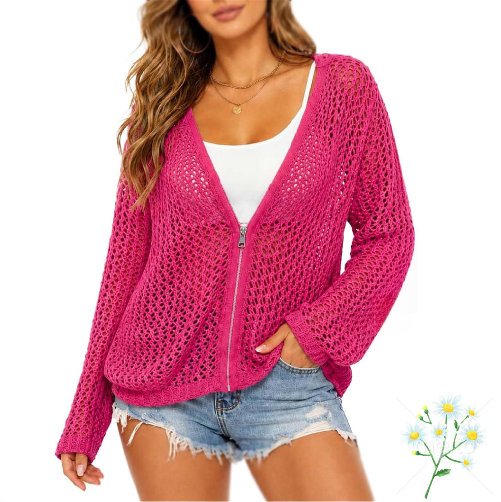 Cardigan da donna all'uncinetto con cappuccio e cerniera, leggero maglione