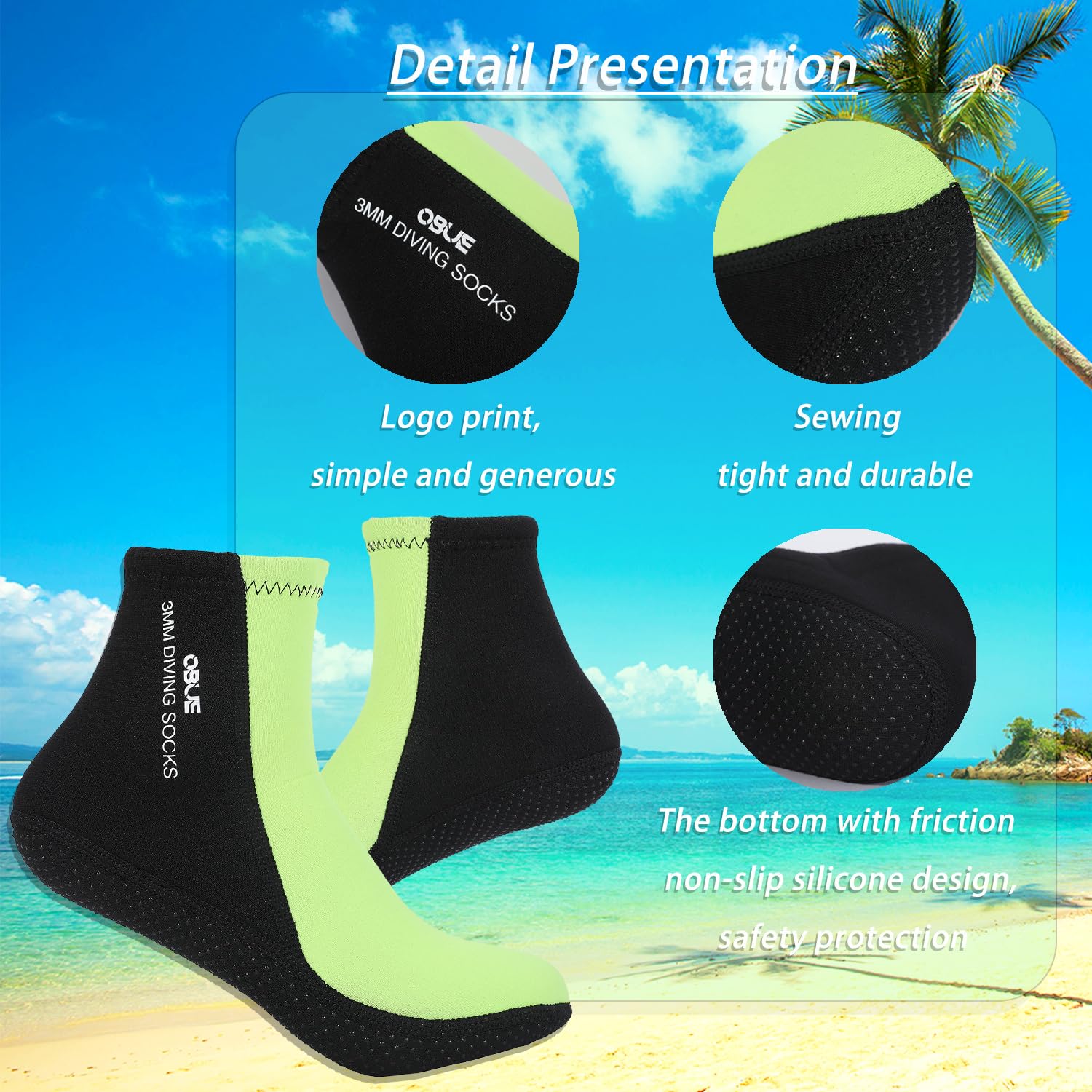 Skyone Dive Neoprene Socks Men Women, 3MM Wetsuit Scuba Socks, Sand Socks Diving Fin Socks Thermal Anti Slip Flexible (3MM Black Green, L)