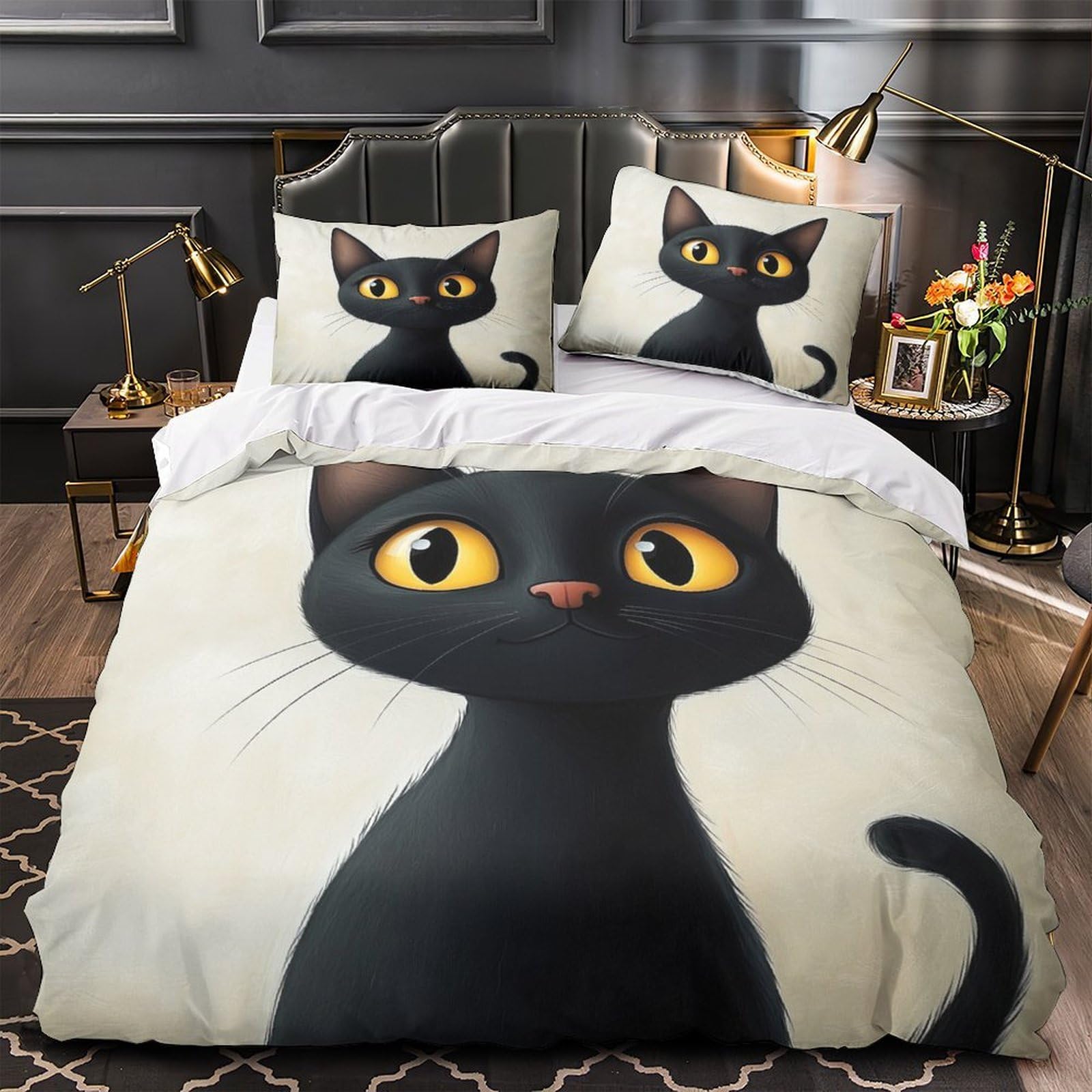 Housse de couette chat noir microfibre anti-tache lit Super King
