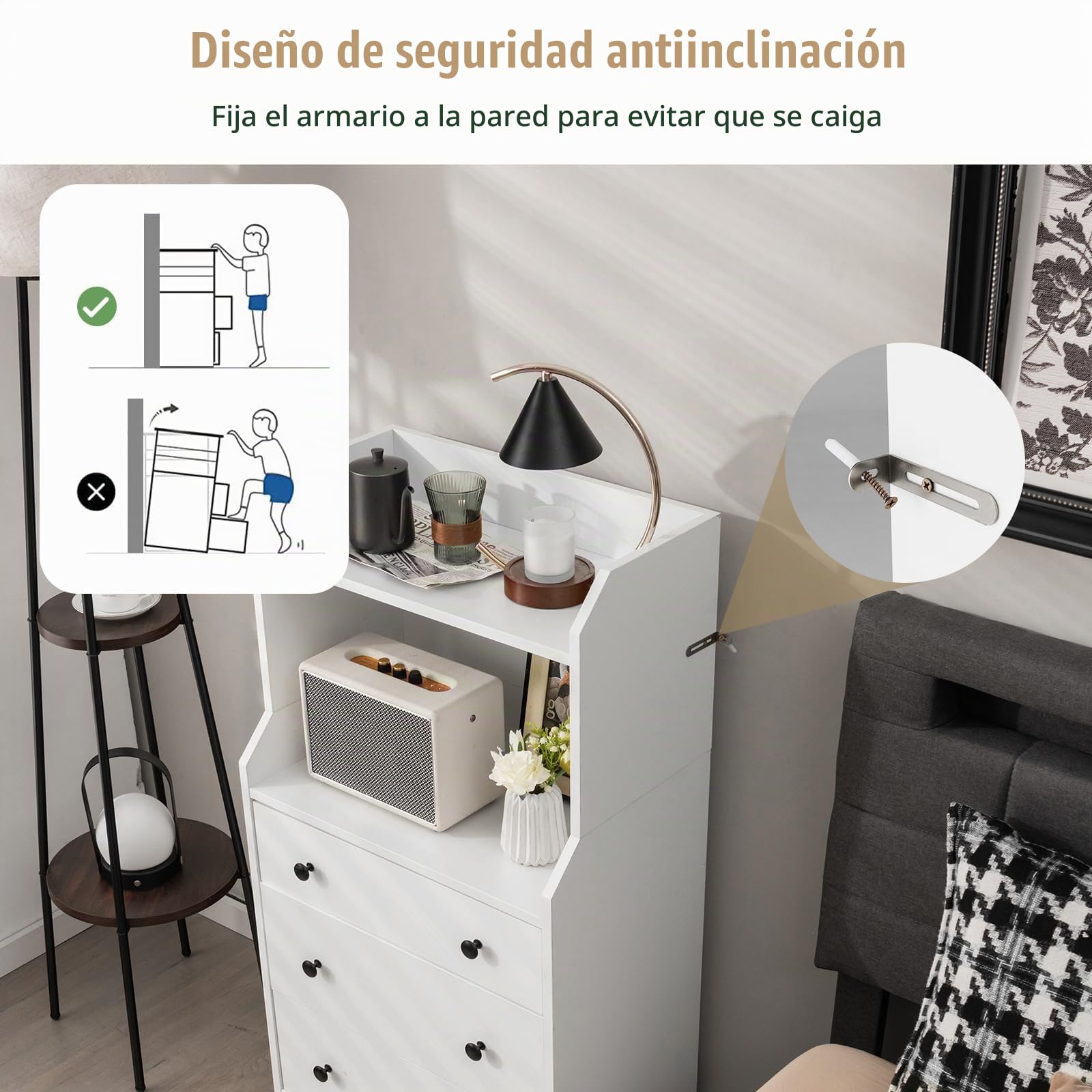 KOMFOTTEU Cómoda con 3 Cajones para Dormitorio con Dispositivo Antivuelco | Cajonera con Estantes Abiertos para Salón, Estudio, Mueble de Almacenamiento, Armario Auxiliar, 58 x 36 x 111 cm, Blanco