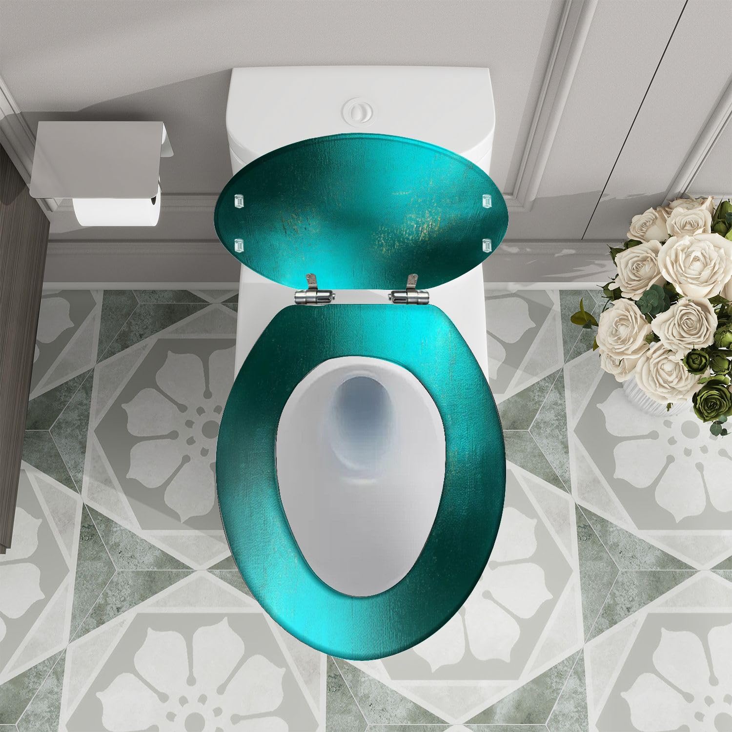Asiento de inodoro alargado con cierre suave, para uso en el baño.