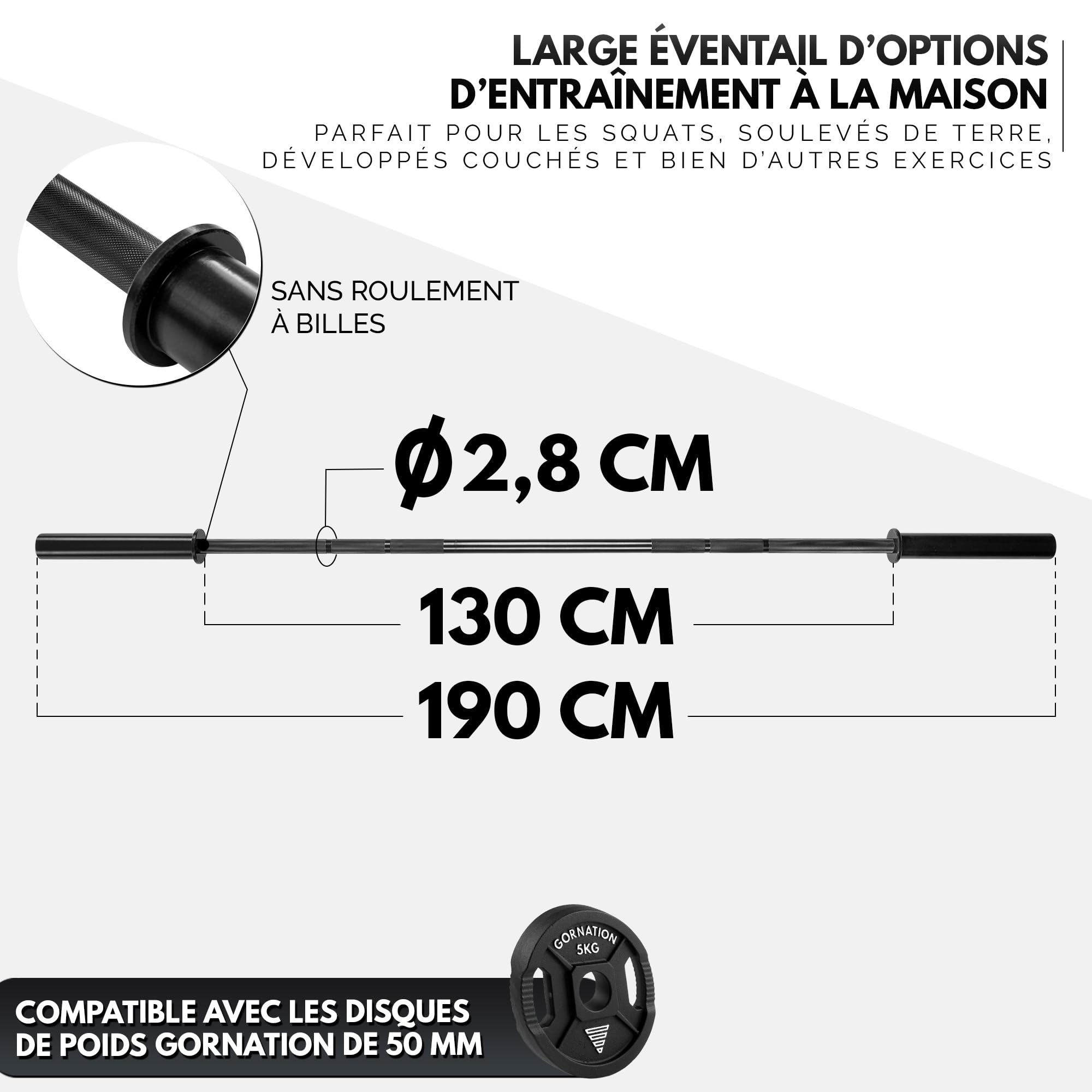GORNATION Barre d'haltères 15kg, Barbell avec clips, Longueur 1,90 m