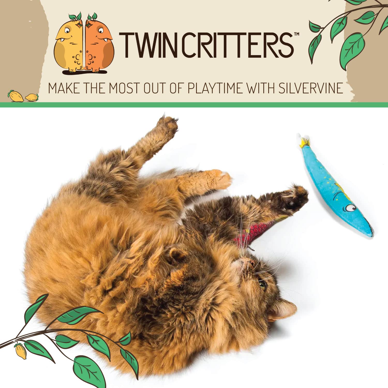 Twin Critters Organic Silver Vine Katzenminze Spielzeug Sardine Nachfüllbar Plüsch 2er Pack für Katzen & Kätzchen Keine künstlichen Inhaltsstoffe