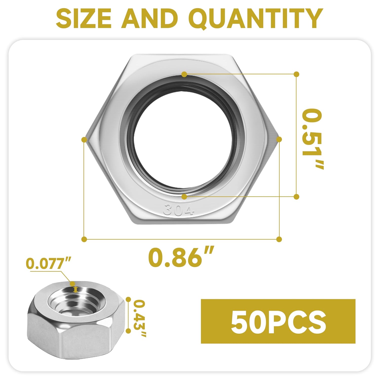 1/2-13 Hex Nuts, 50Pcs Hardware Nuts, 304 Stainless Steel Full Thread, 18-8 Bright Finish Hex Nuts 1/2 13 Inch, SAE Hex Drive Machine Screw Nuts by Mywish