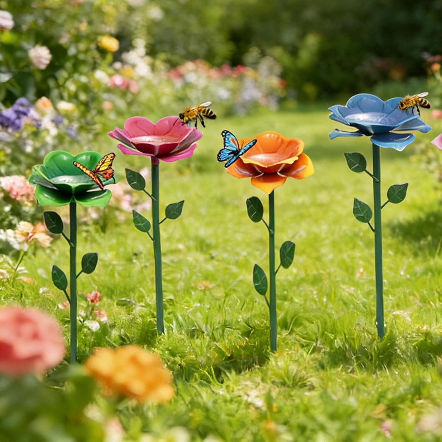 4PC Bee Watering Stations | Metal Bees Baths Stakes | Colorful Flower Bee Feeder Cups for Garden | Adjustable Butterfly Bird Watering Station Iron Stakes for Garden Decor