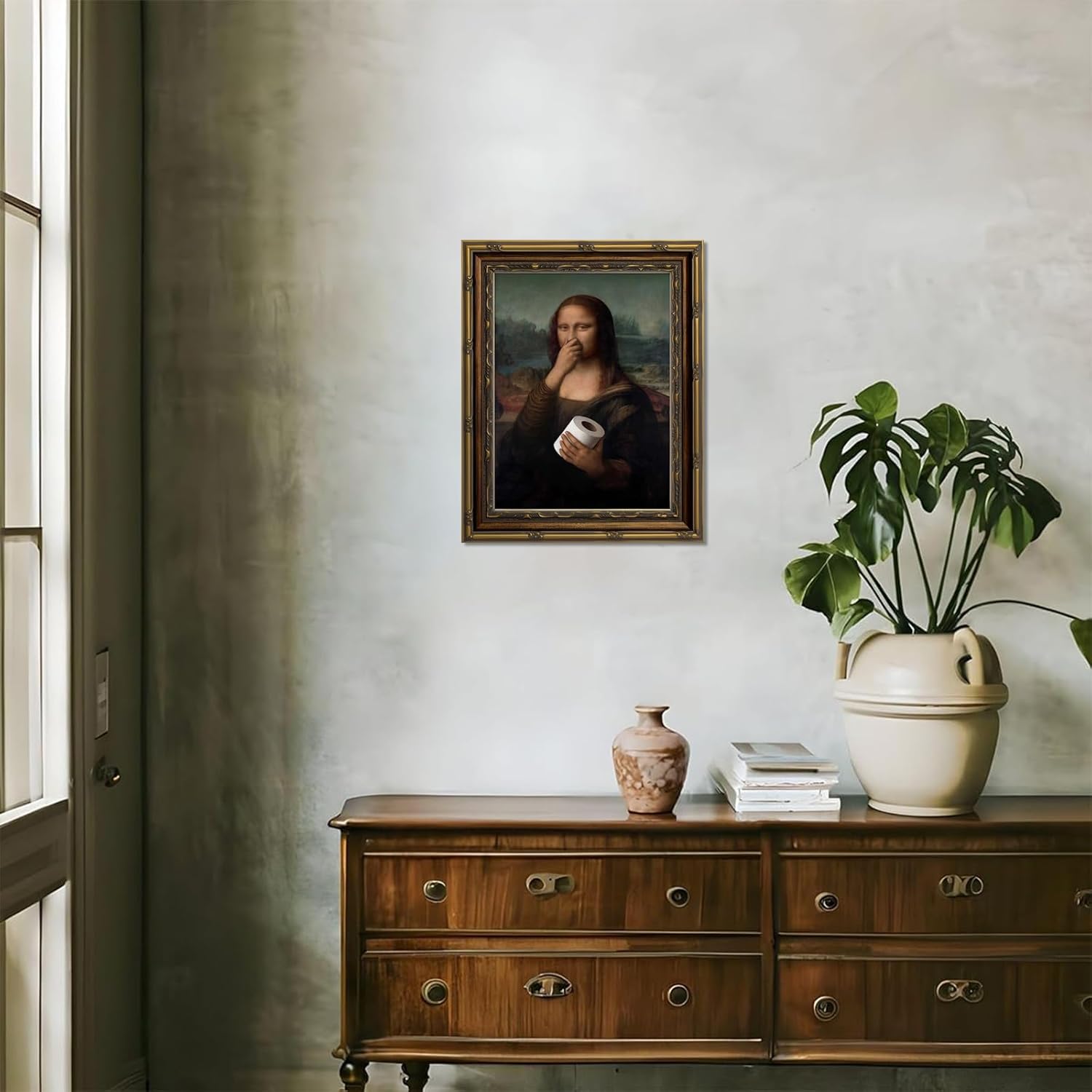 Framed Funny Mona Lisa Bathroom Wall Art Funny Bathroom Wall Art Vintage Mona Lisa Holding Toilet Paper Poster Framed Vintage Painting Pictures Artwork Canvas Prints for Restroom Toilet 16x24in