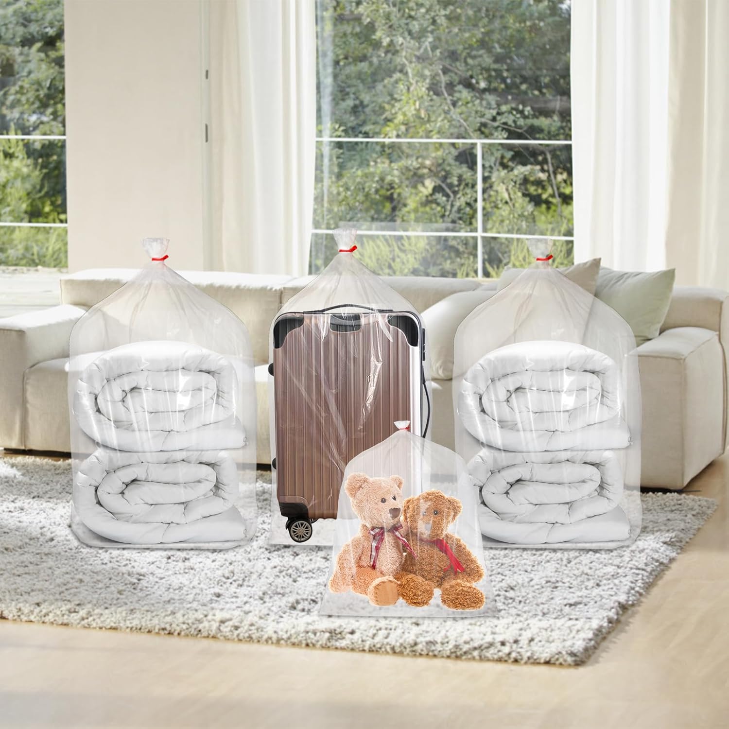Fasmov 16 Pack Clear Giant Storage Bags, 40x60 Inches Jumbo Plastic Storage Bags Flat Large Plastic Bags for Clothes Packing Luggage Suitcase Comforter Chair Furniture Small Bike,16 Ribbons Included