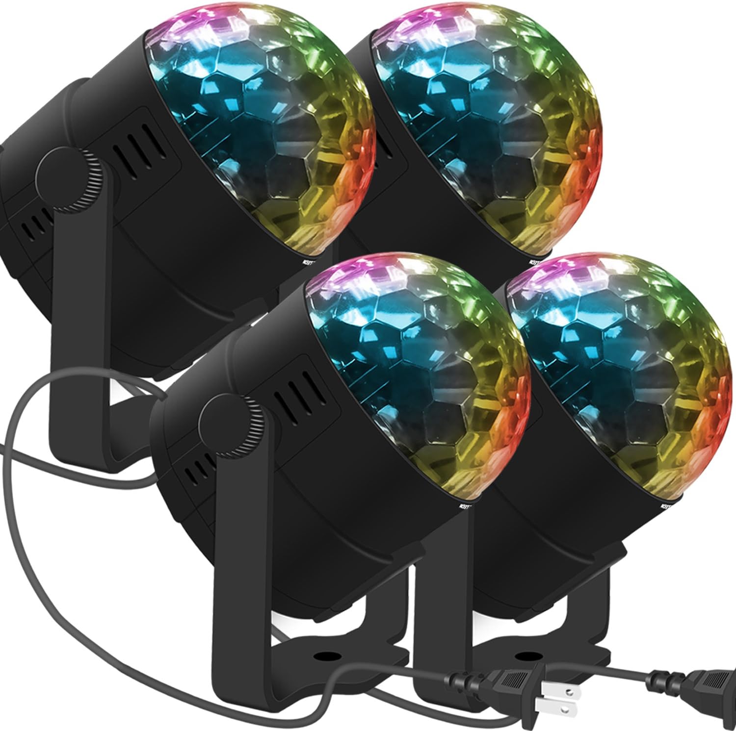 Stage Party Lights - Costech Portable Sound Activated DJ Lighting [4 Pack]; RGB Auto Rotating Disco Ball; Strobe Lamp Stage Par Light; 7 Color Changing Crystal LED Ball for Club Pub/Disco DJ Show