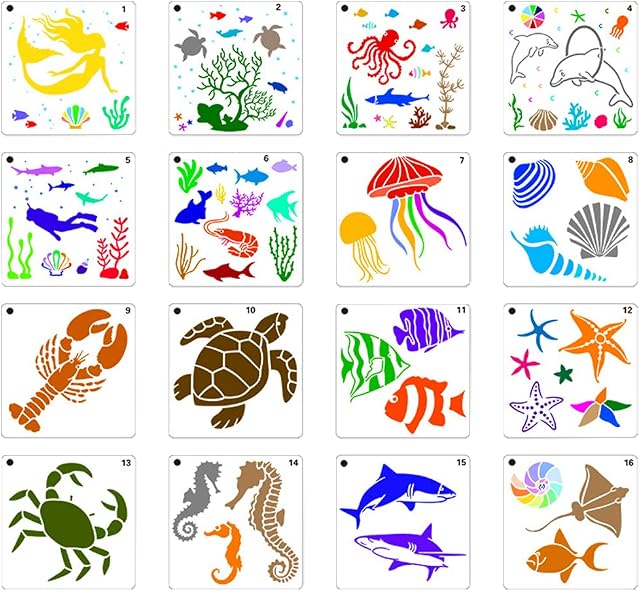 Rolin Roly 16Pcs Mermaid Painting Stencils Animal Drawing Templates Sea Turtle Ocean Creatures Stencil Reusable Plastic Template for DIY Crafts Walls Art Home Decoration