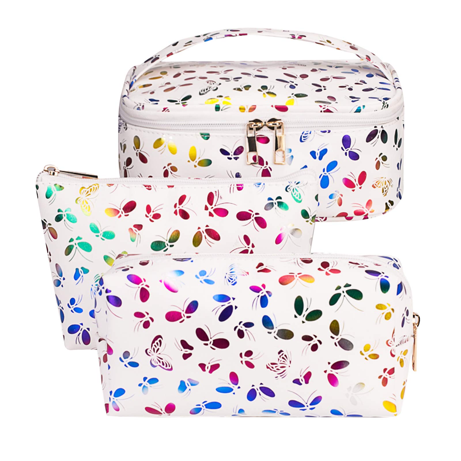 WONSAMAM 3 Pack Butterfly Makeup Bag Organizer Travel Cosmetic Bags Small Large Make Up Pouch for Women Beauty Cute Purse