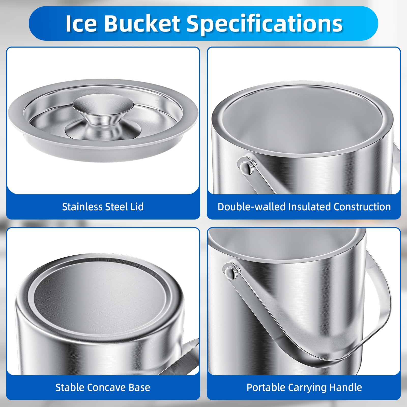 Secchiello per Ghiaccio 3L in Acciaio Inox a Doppia Parete, Set con Coperchio, Paletta e Pinze, Isolamento Termico, Ideale per Bar, Feste e Famiglie