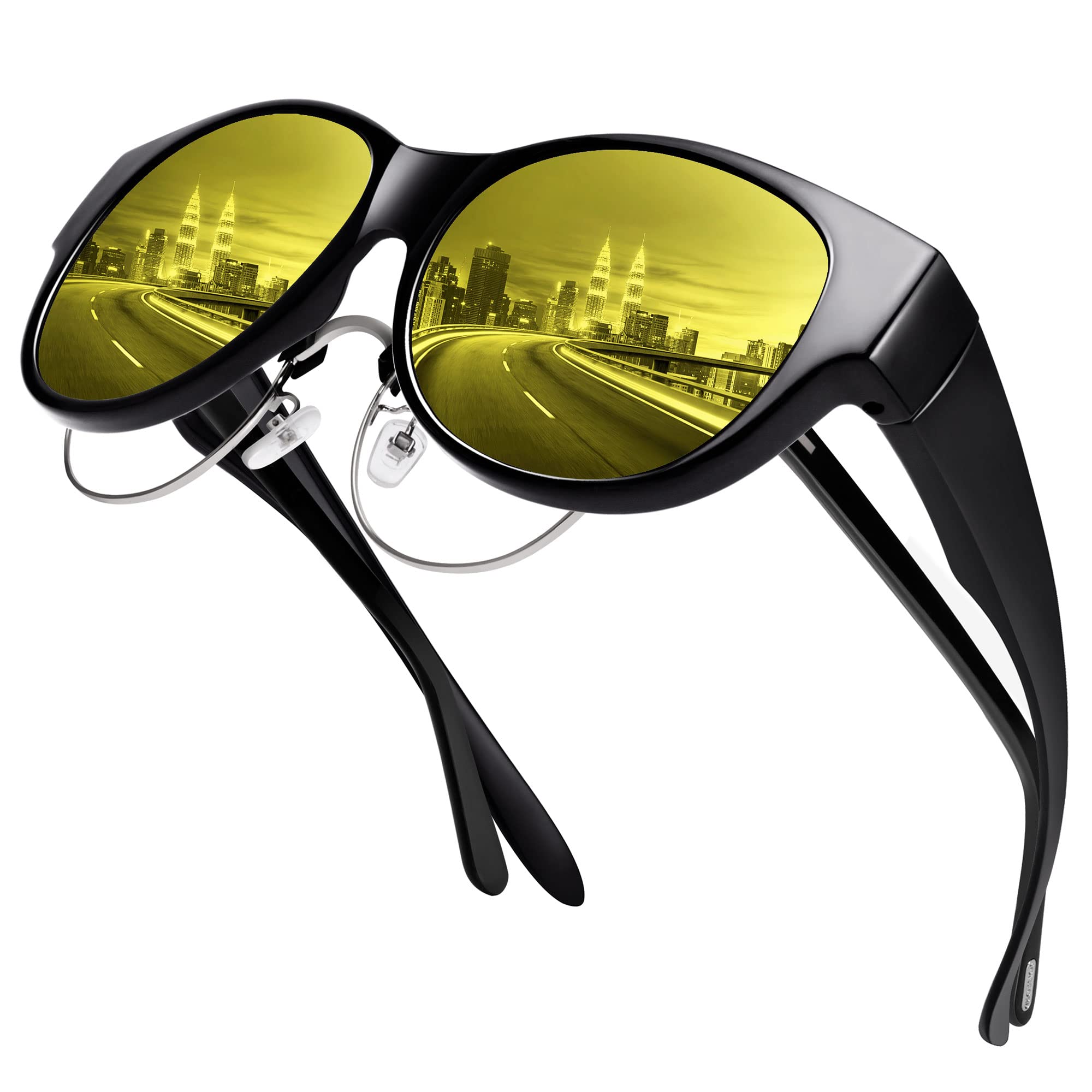 URUMQI Gafas de conducción de visión nocturna para hombres y mujeres, antirreflejos, polarizadas, lentes amarillas | Lentes polarizados antirreflejos, lentes tintados amarillos para conducción nocturna, marco redondo de ojo de gato