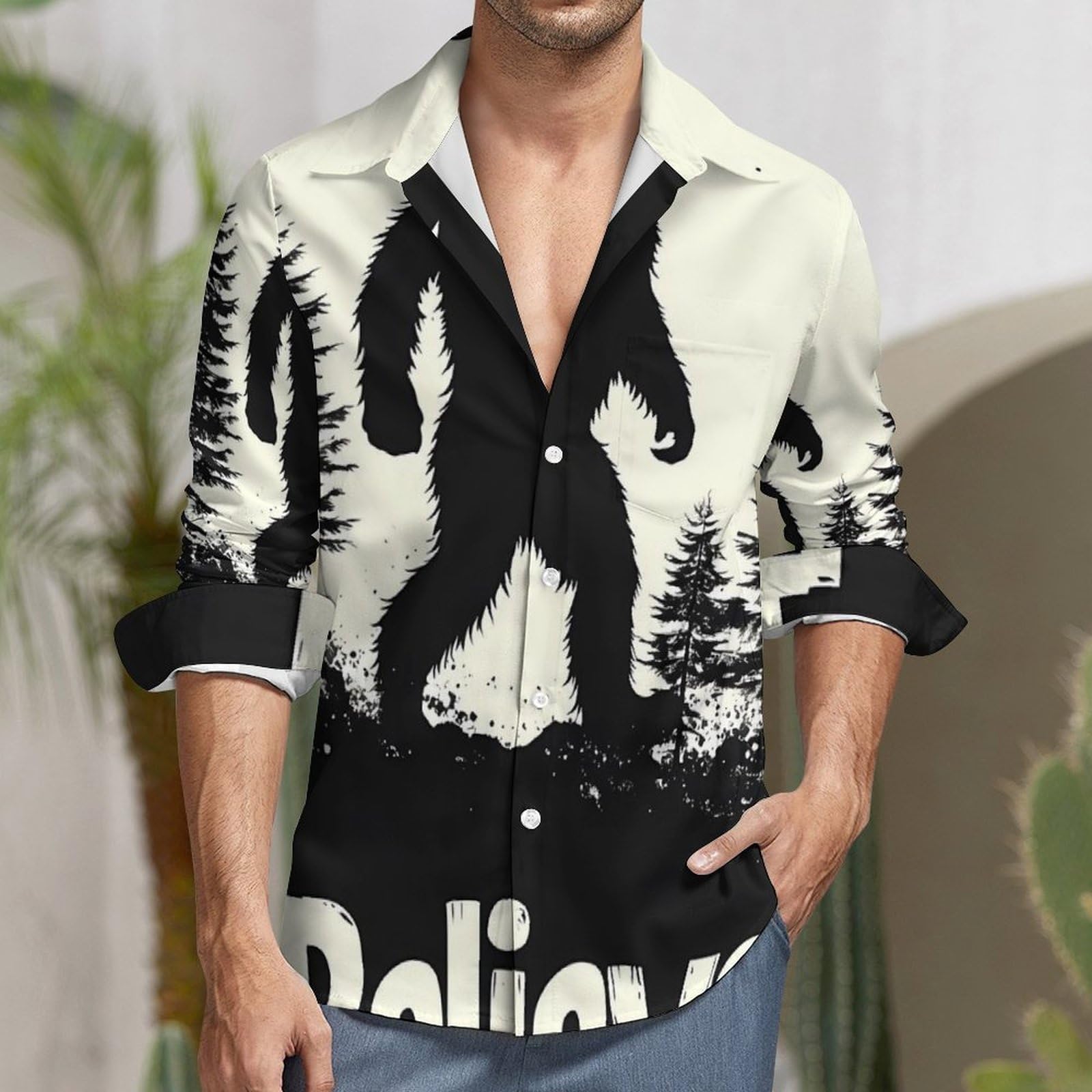 Bigfoot Believe - Camicia casual da uomo a maniche lunghe con bottoni e tasca | T-shirt Top Scollo a V Poliestere