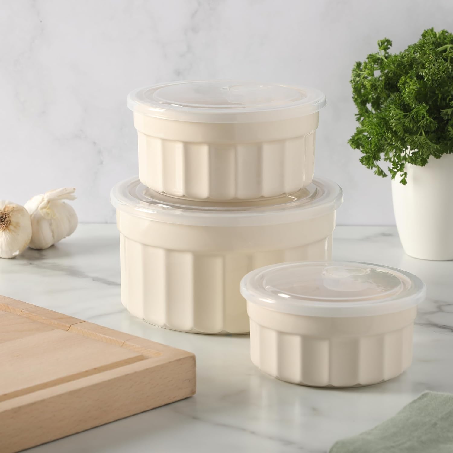 Martha Stewart Broadbrook 6 Piece Stoneware Meal Prep Container Set with Lids, Round Food Storage & Bakeware, Cream, Oven, Microwave & Dishwasher Safe