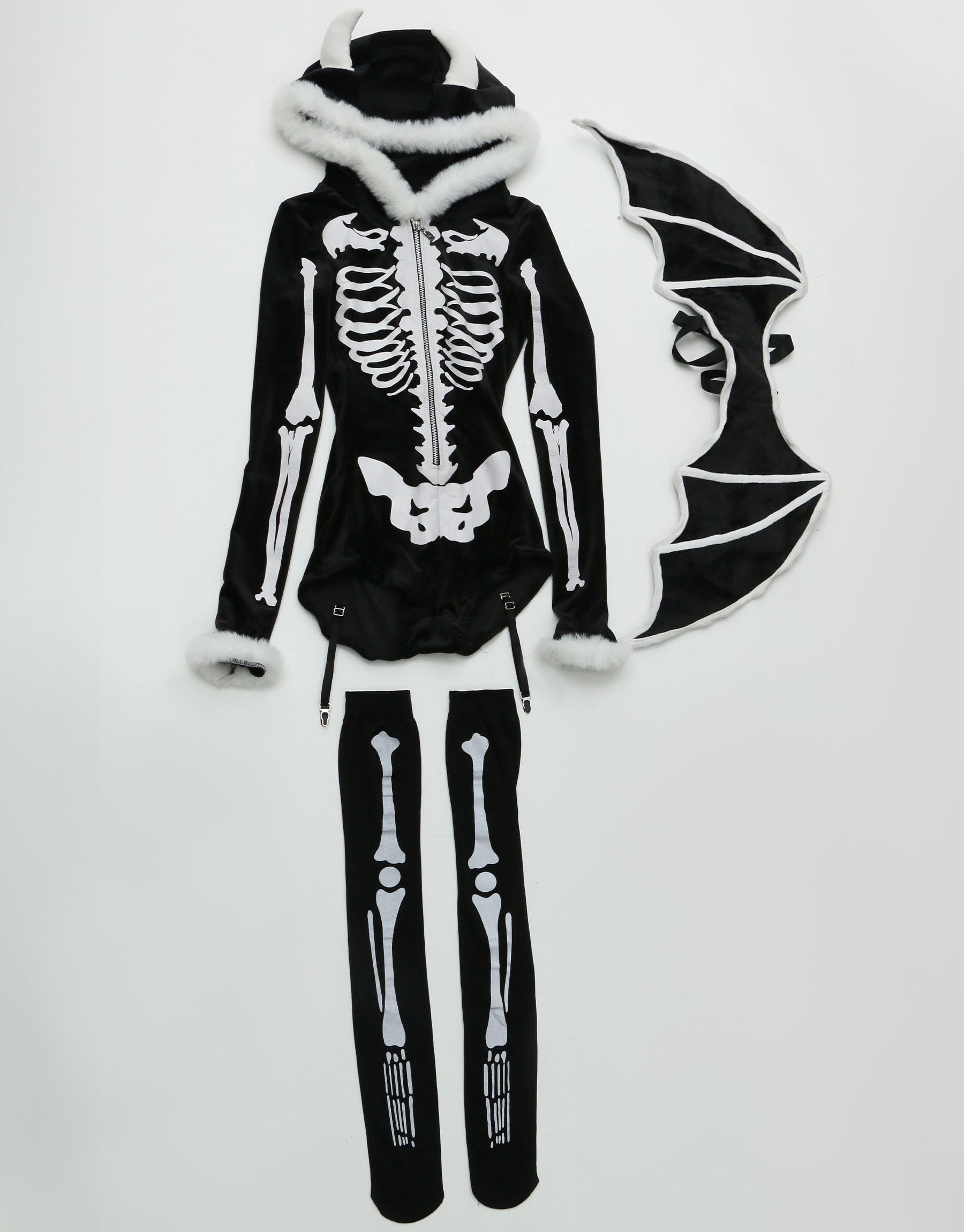 Mobbunny Women's Gothic Skull Style Romper Onesie Pajamas Halloween Skeleton Costume with Wings Hooded Short Jumpsuit: X-Large Black