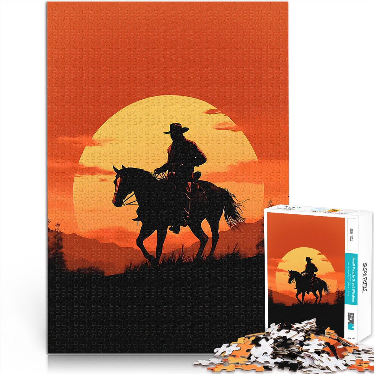 Adult Jigsaw Puzzles 1000 Pieces Rider Silhouette Sunset Denksportaufgabe für Künstlersammlung, Bildende Kunst52x38cm — image 1
