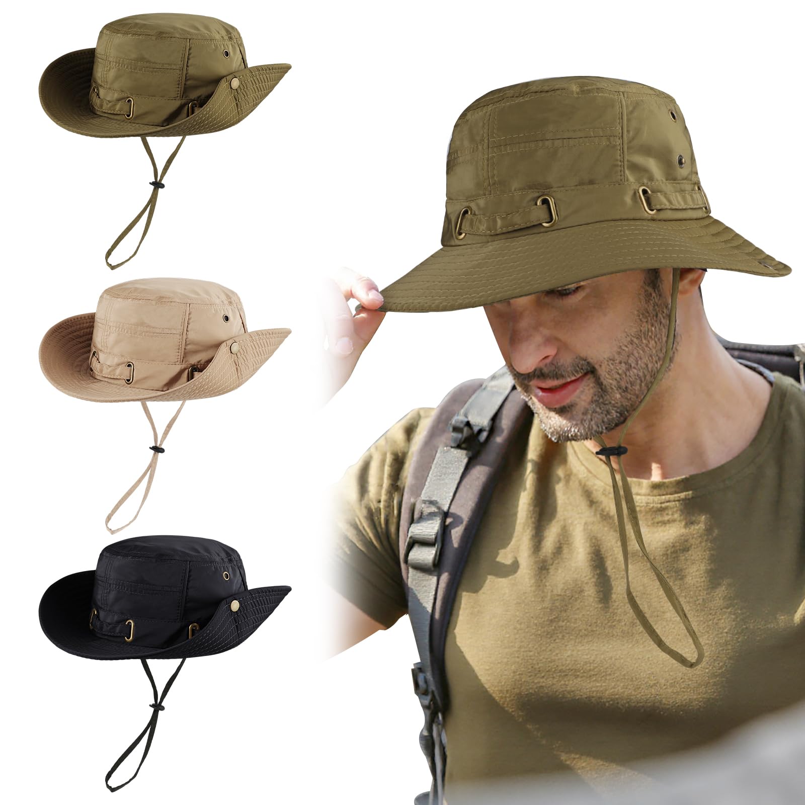 Unisex kapelusz typu bucket UPF 50+, ochrona przed promieniowaniem UV, wodoodporny, oddychający, składany, outdoorowy kapelusz z regulowanym sznurkiem i opaską przeciwpotną, dla mężczyzn i