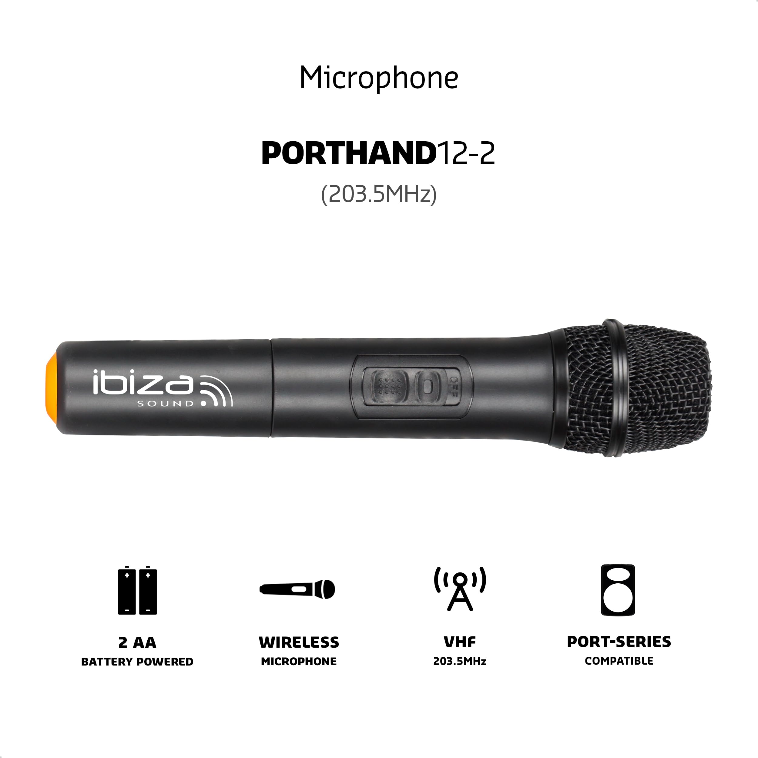 Ibiza - PORTHAND12-2 - Micrófono inalámbrico de Mano VHF 203,5MHz para PORT12VHF-BT y PORT15VHF-BT