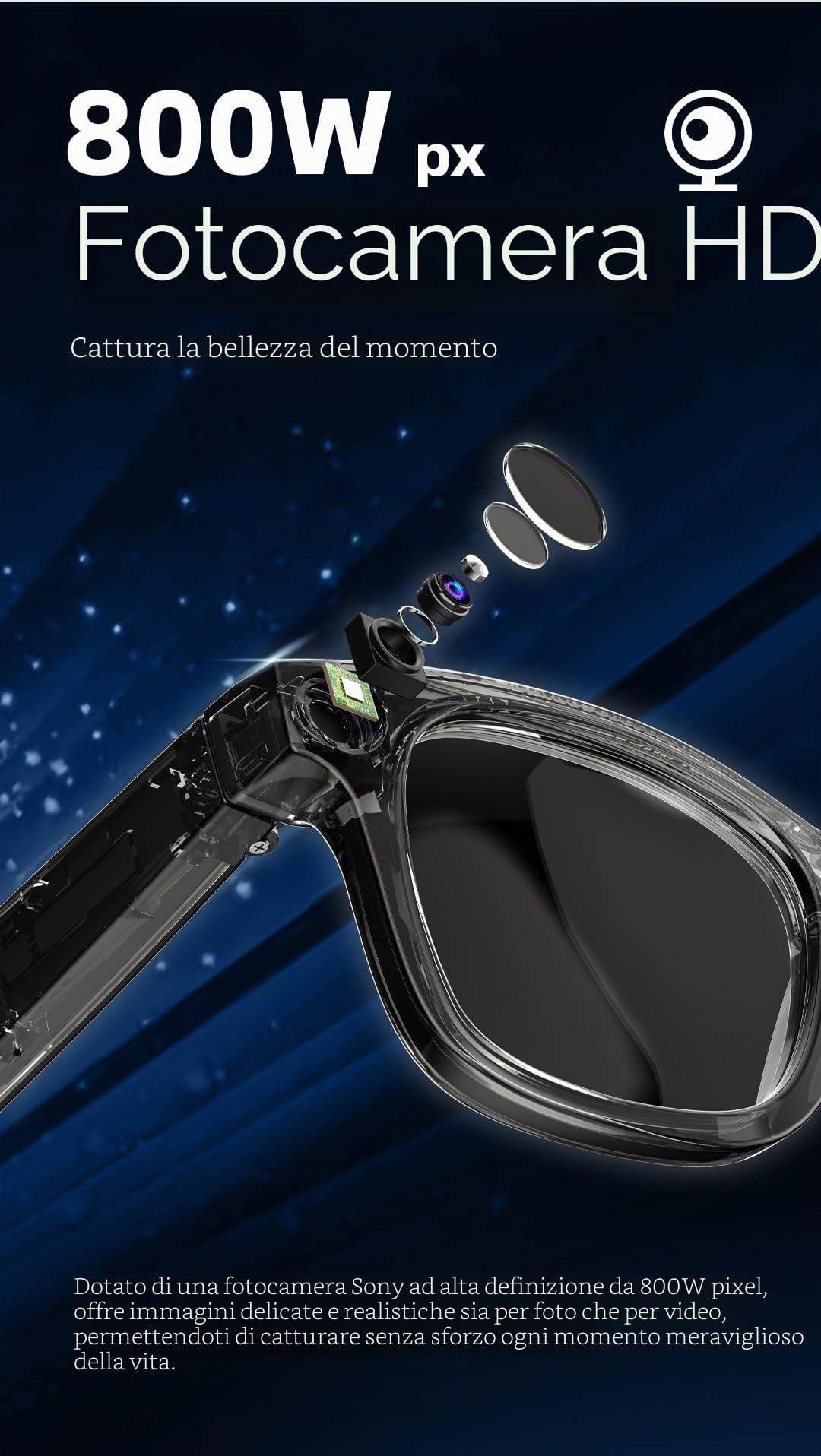 Generico G300 Smart Glasses 32GB – Occhiali Intelligenti con Fotocamera HD 8MP, Wi-Fi, Controllo Vocale AI, Video e Foto IN Alta Definizione, Traduzione in Tempo Reale e Connessione Smartphone, Spy.