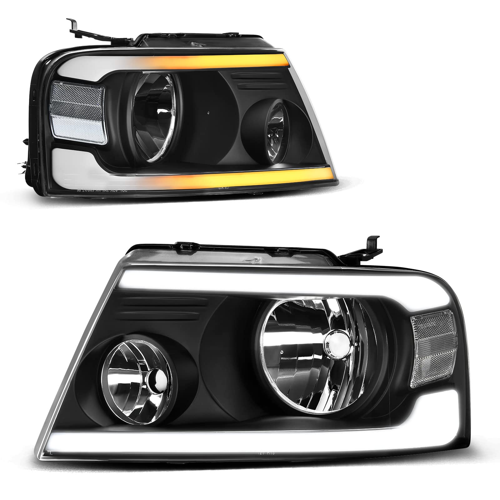 Photo 1 of AUTOSAVER88 Switchback LED Tube Headlights Assembly Compatible with 2004-2008 Ford F150 F-150 DRL Headlight Headlamp Replacement Pair with Daytime Running Light Black Housing Clear Reflector C Black Housing Clear Reflector Clear Lens LED Upgrade w/ Switch