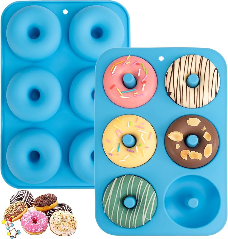 Aichoof Non-Stick Silicone Donut Pan Set of 2, BPA-Free, Easy Release(Blue) | 6-Cavity Food Grade Donut Mold, Dishwasher & Microwave Safe, Perfect Homemade Donuts