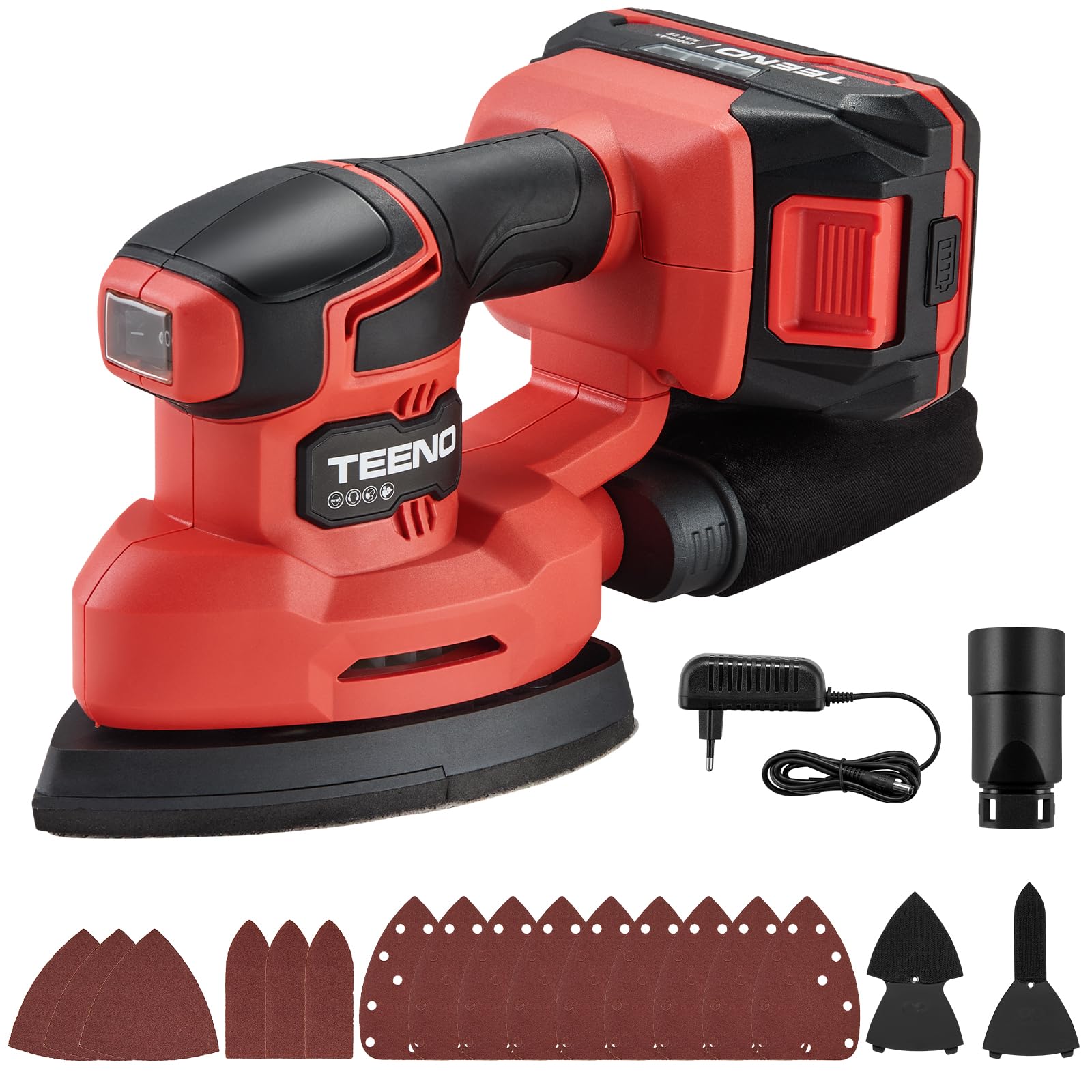 TEENO Levigatrice Orbitale 20V con Sacchetto per la Polvere, 3 in 1 con Batteria 2Ah Li-ion, Palmare con 15 Carte Vetrate, 13000tr/min