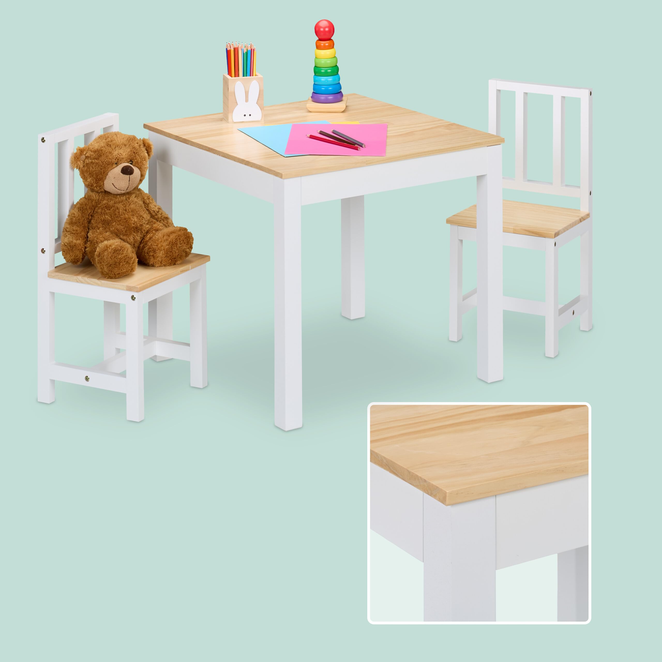 Relaxdays Mesa y 2 Sillas Infantiles, 3 Piezas, Mobiliario para Niños y Niñas, Set de Muebles Dormitorio, Blanco/Natural